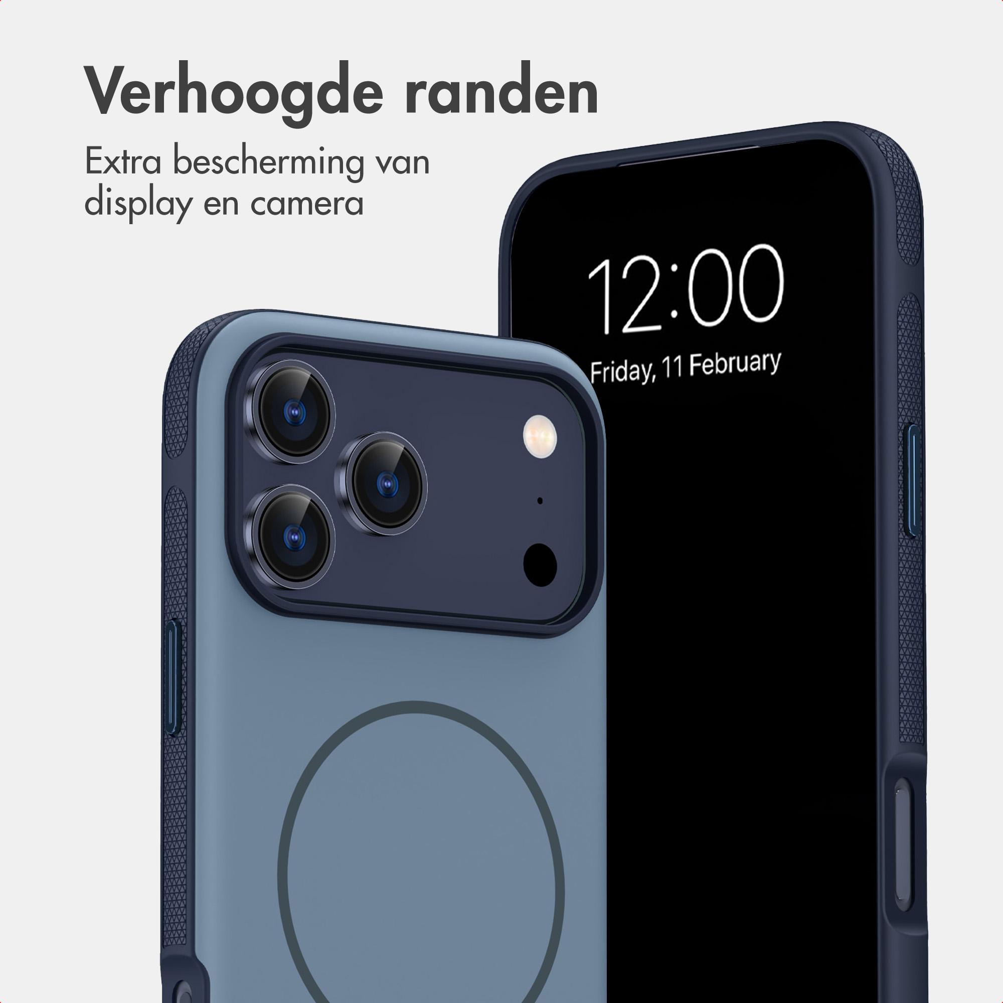 Blaue Smartphone-Hülle mit erhöhtem Rand für Display- und Kameraschutz, Vorder- und Rückseite.