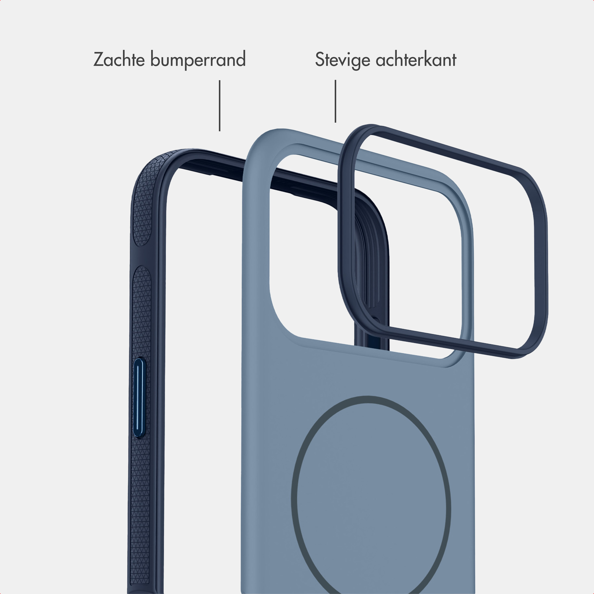 Diagramm einer zweiteiligen Handyhülle mit weichem Rand und stabiler Rückseite.
