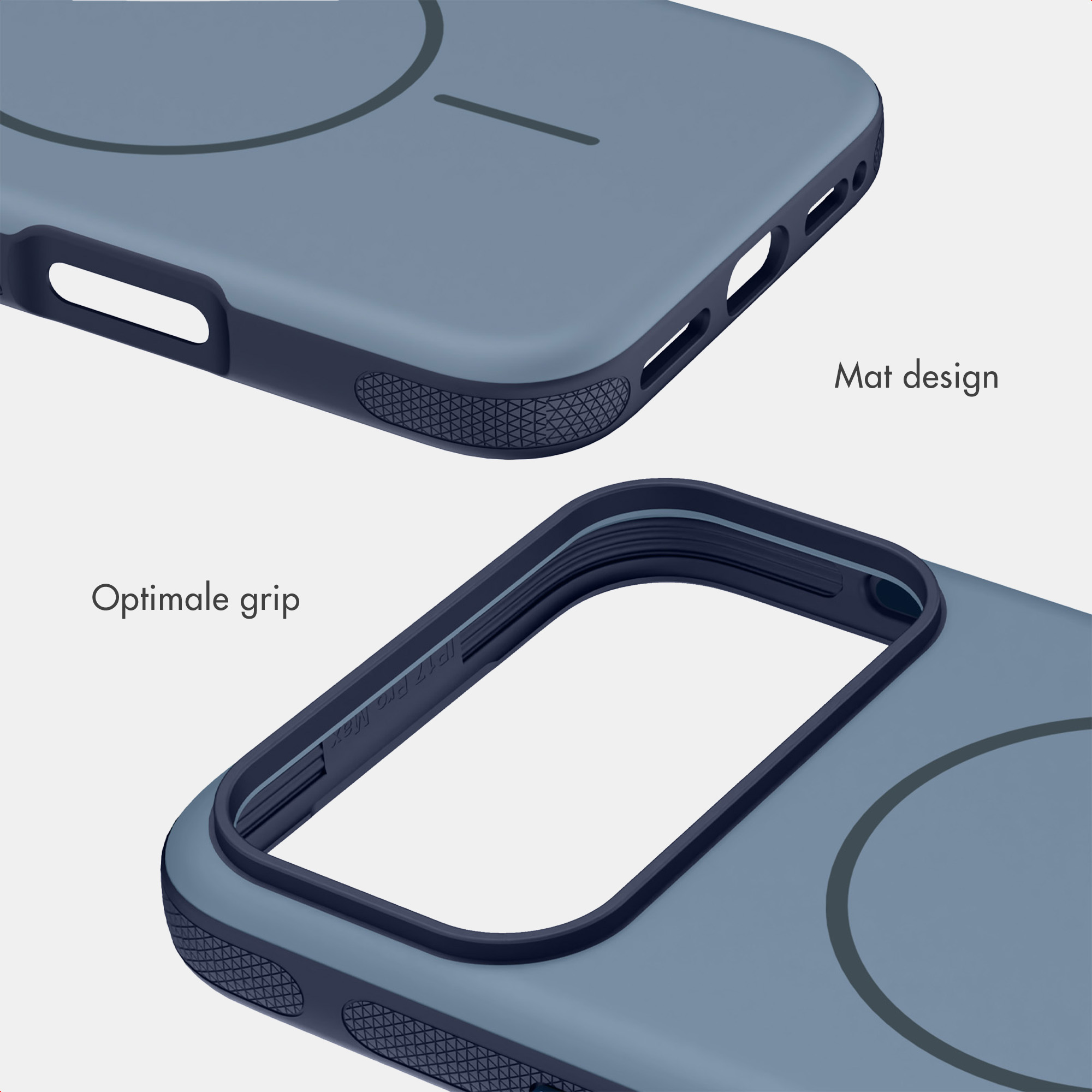 Blaue Smartphone-Hülle mit mattem Design und strukturiertem Griff.