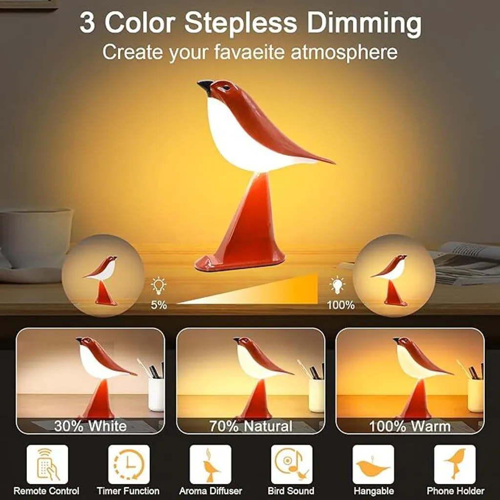 Rote Vogel-Lampe mit Dimmer und verschiedenen Hinstelloptionen.