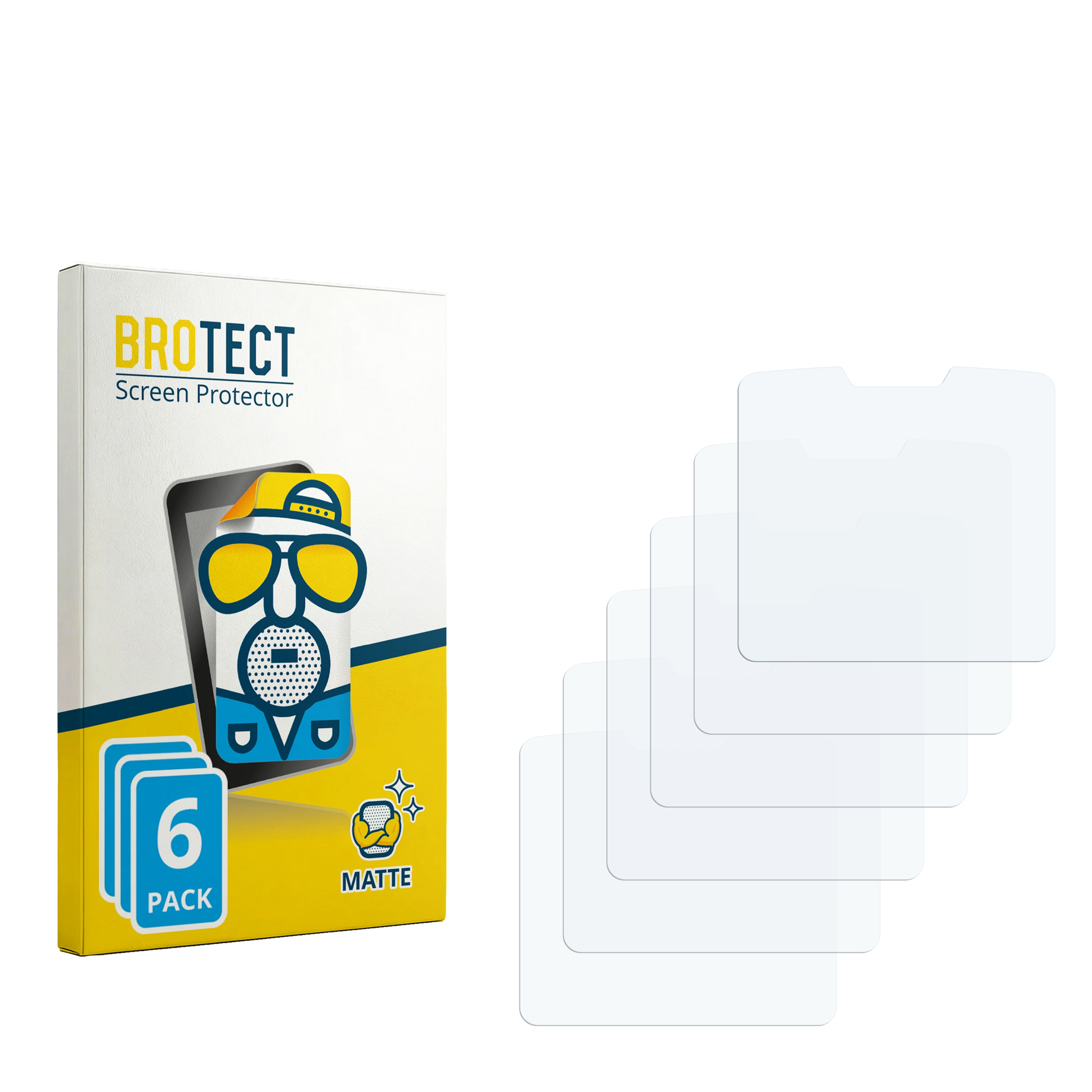 BROTECT Matte Displayschutzfolie Verpackung mit sechs transparenten Folien vor weißem Hintergrund.