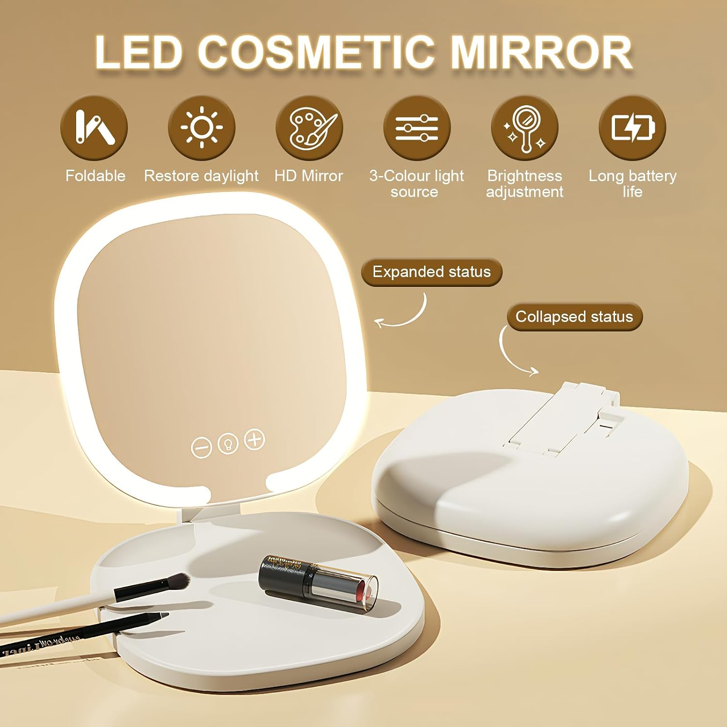 LED-Schminkspiegel mit Beleuchtung, Faltfunktion und Zubehör auf beige Hintergrund.