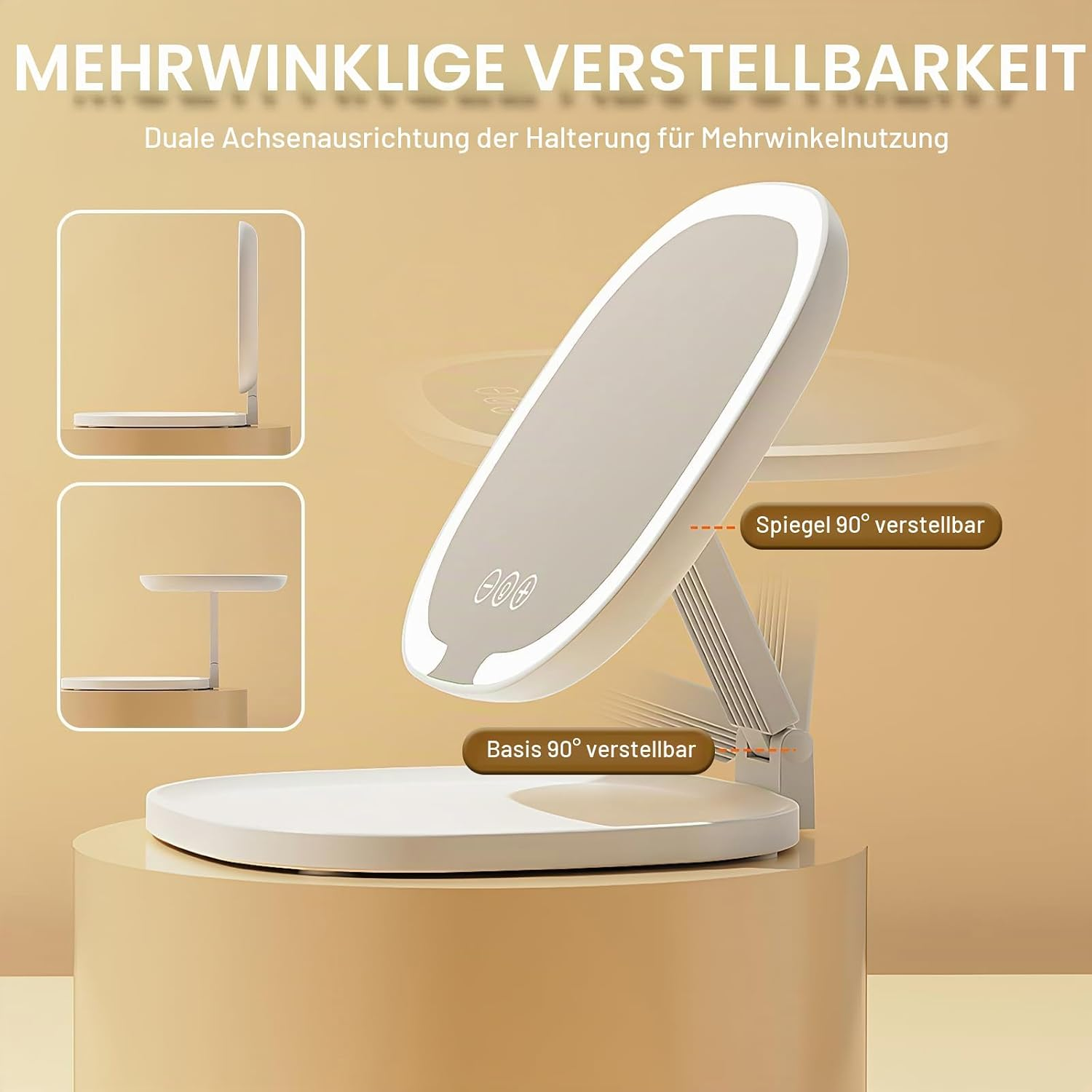 Beige Kosmetikspiegel mit einstellbarer Basis und Neigung, plus zwei kleine Inset-Bilder.