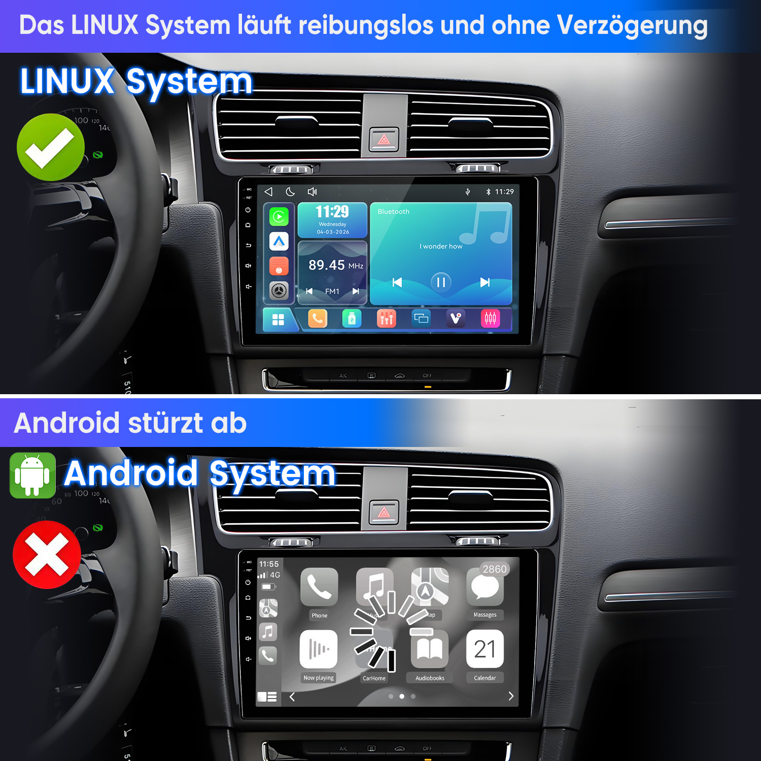 Comparación: sistema Linux funciona bien con marca verde, mientras el sistema Android muestra un error de carga.
