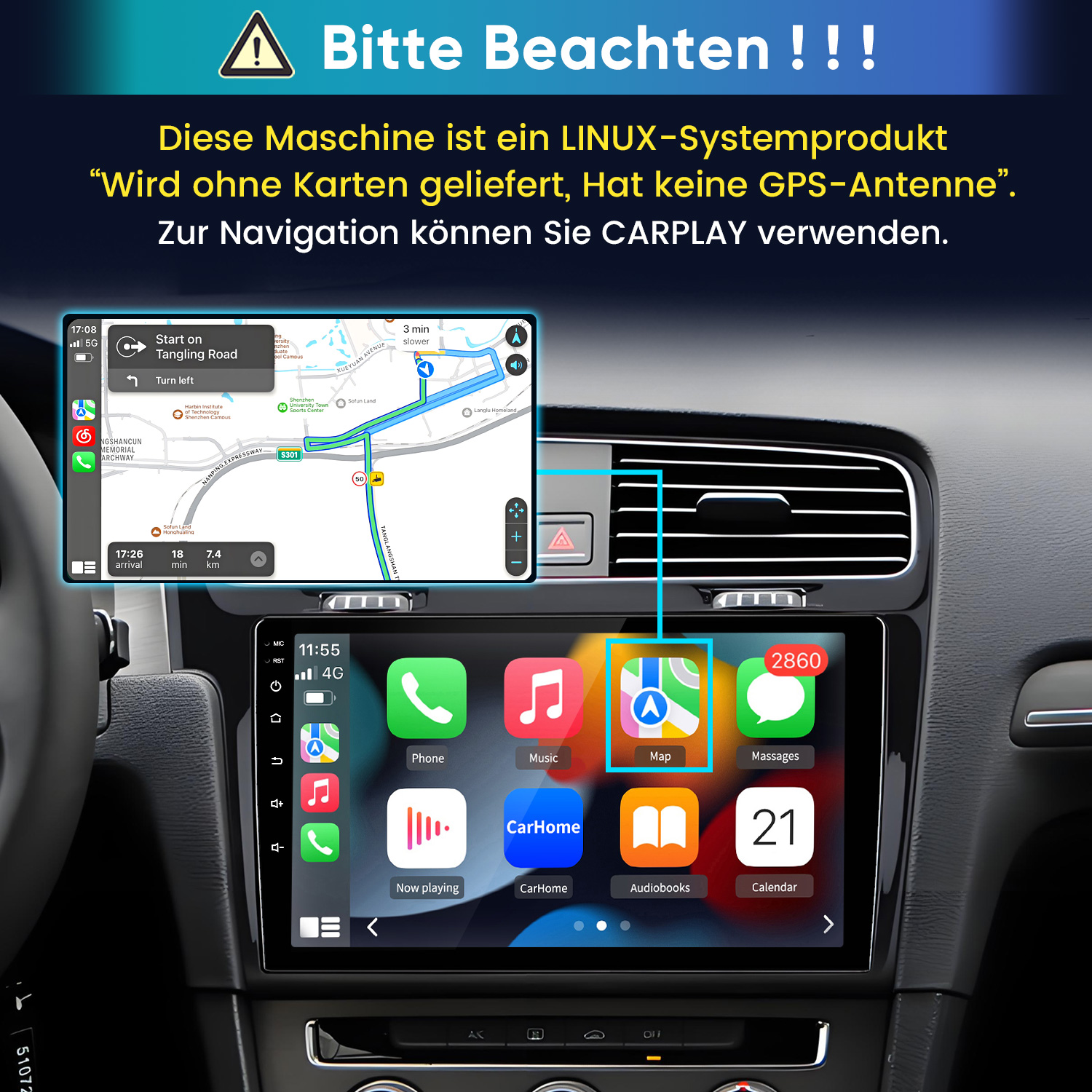 Un salpicadero de coche con pantalla táctil CarPlay y texto de advertencia sobre GPS.