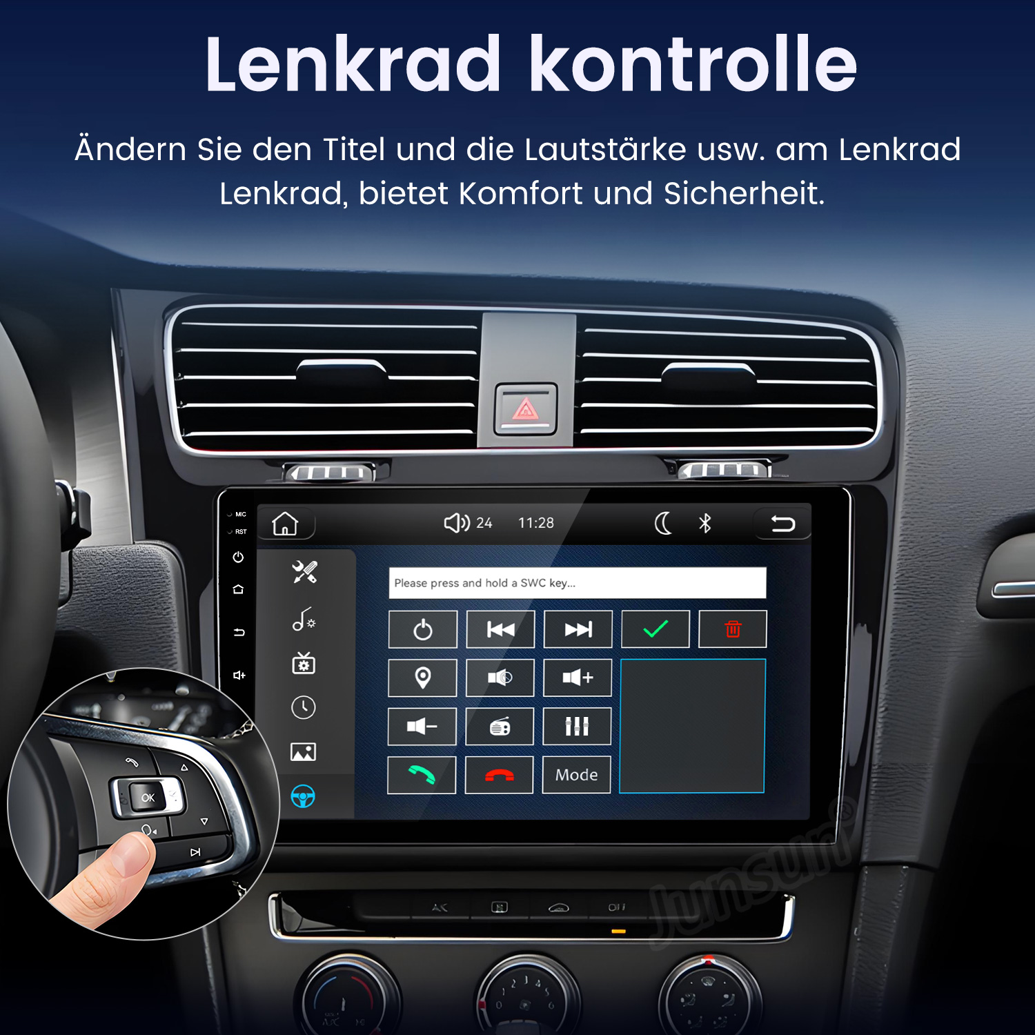 Interior de coche con sistema multimedia táctil que muestra la configuración de control del volante.