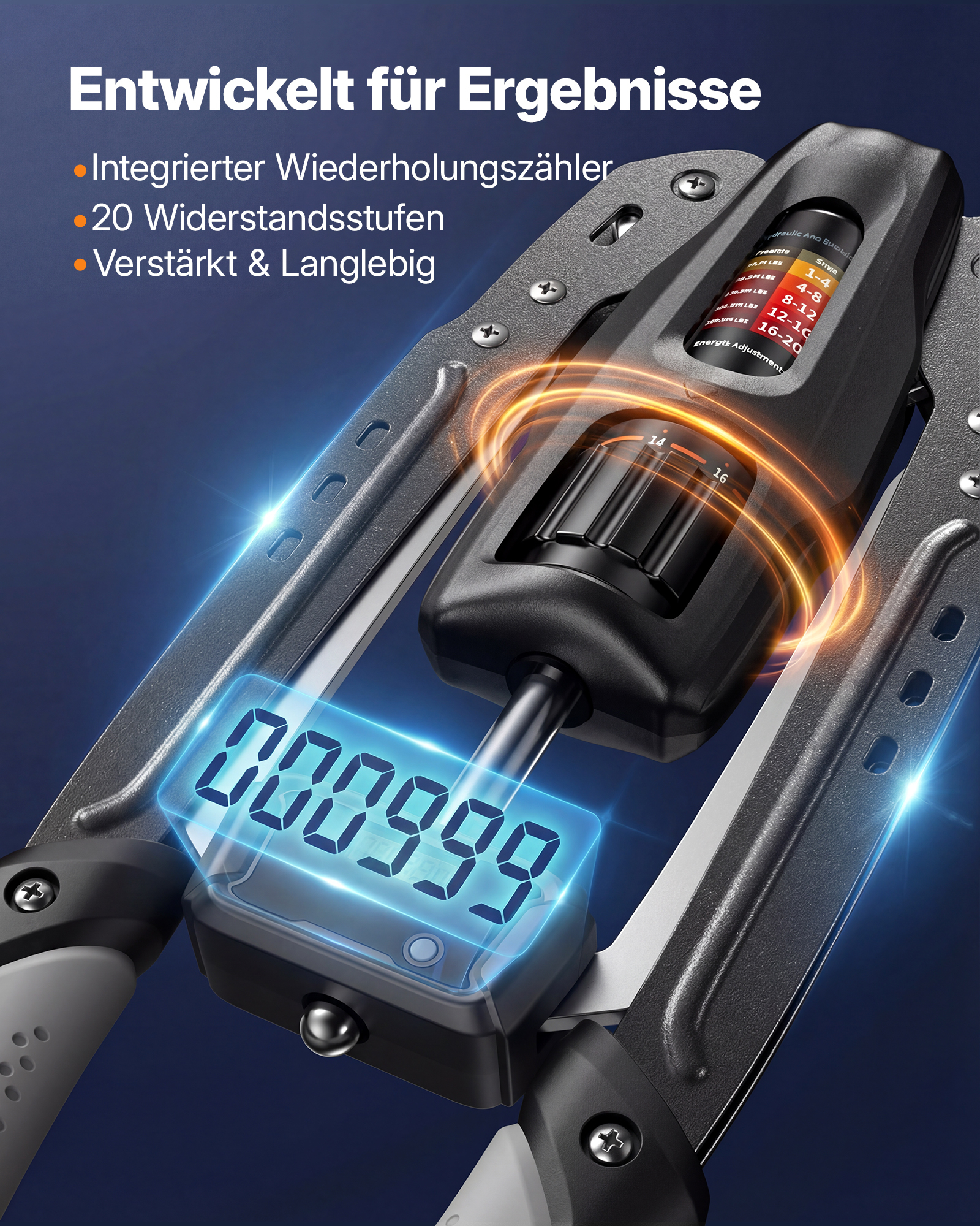 Verstellbarer Handtrainer mit digitalem Zähler und Widerstandsanzeige vor blauem Hintergrund.