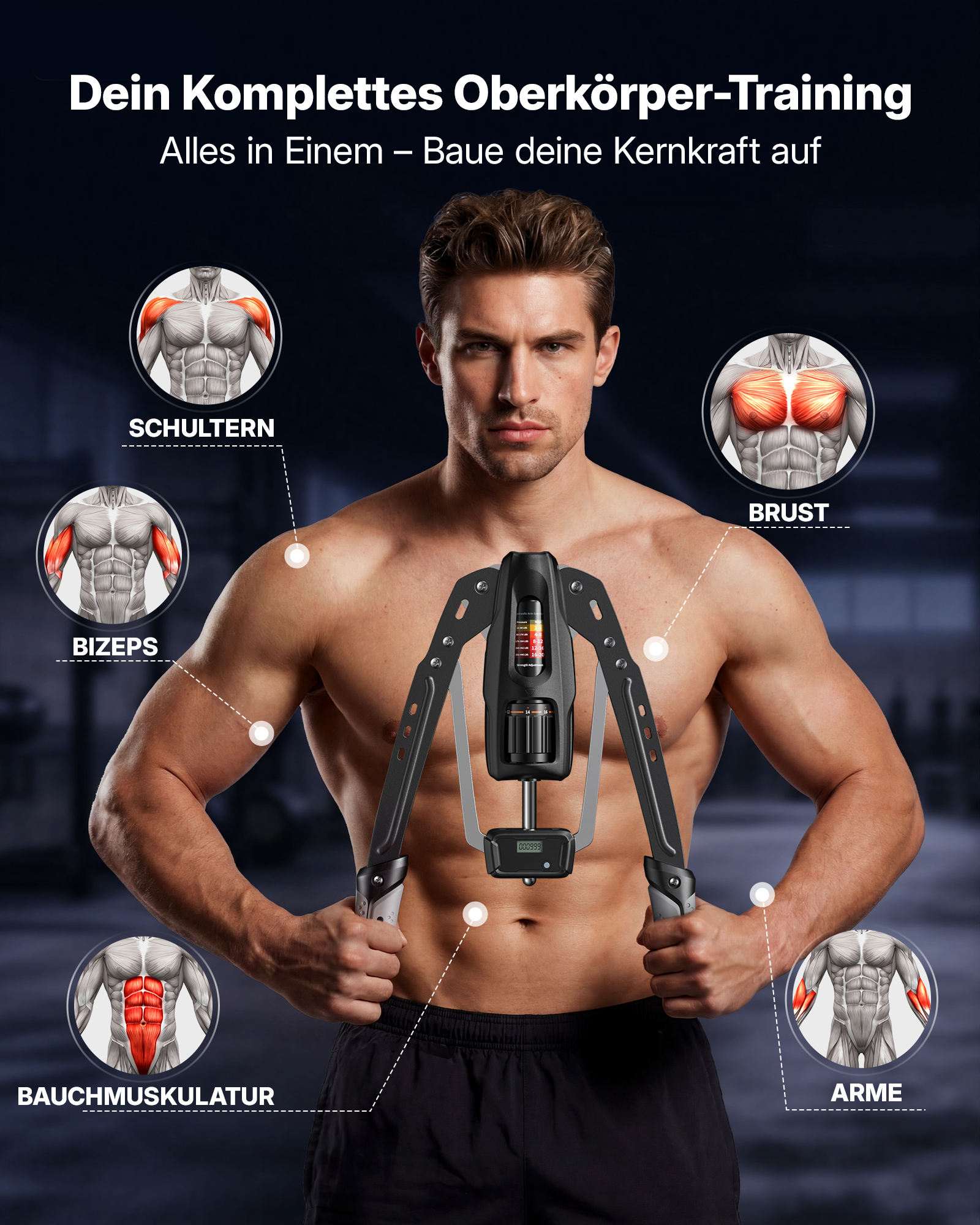 Muskulöser Mann hält ein Armtraining-Gerät; Diagramme zeigen beanspruchte Muskeln wie Brust, Bizeps und Schultern.