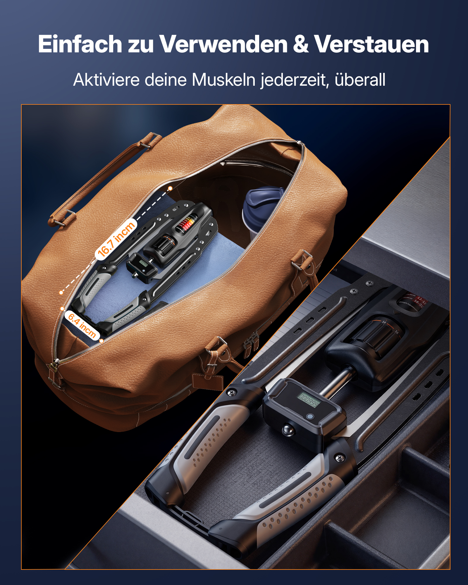 Fitnessgerät in einer braunen Tasche und einer Schublade mit Maßangaben.