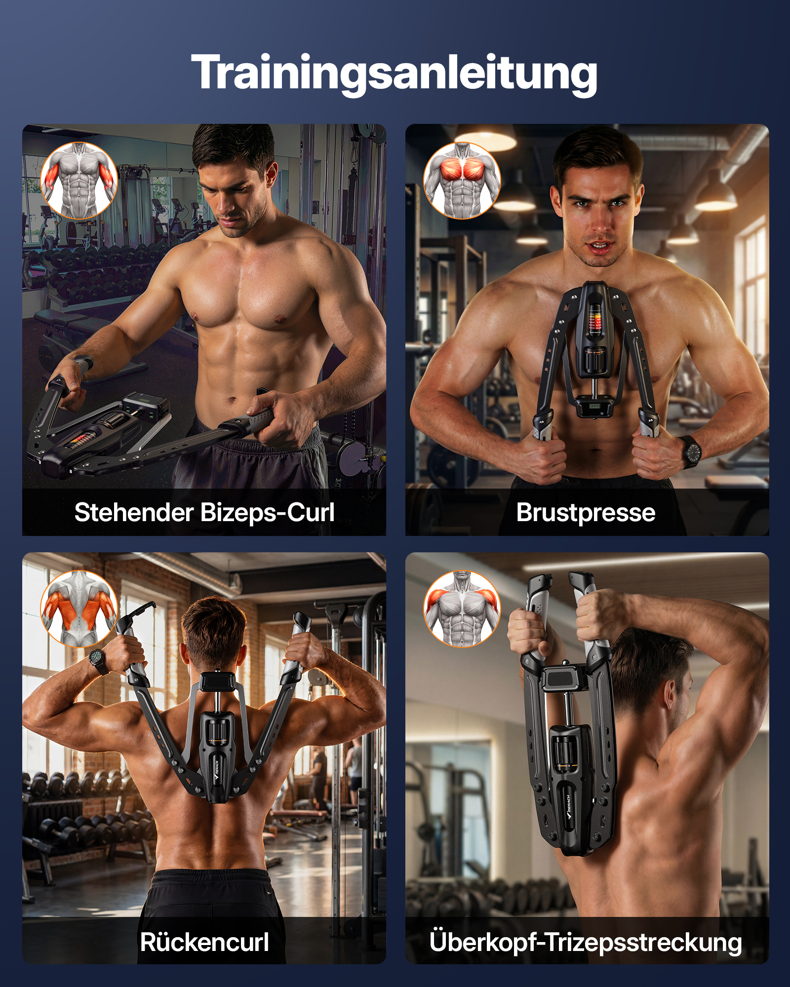 Vier Bilder von einem Mann in einem Fitnessstudio, der ein Trainingsgerät für verschiedene Übungen verwendet.
