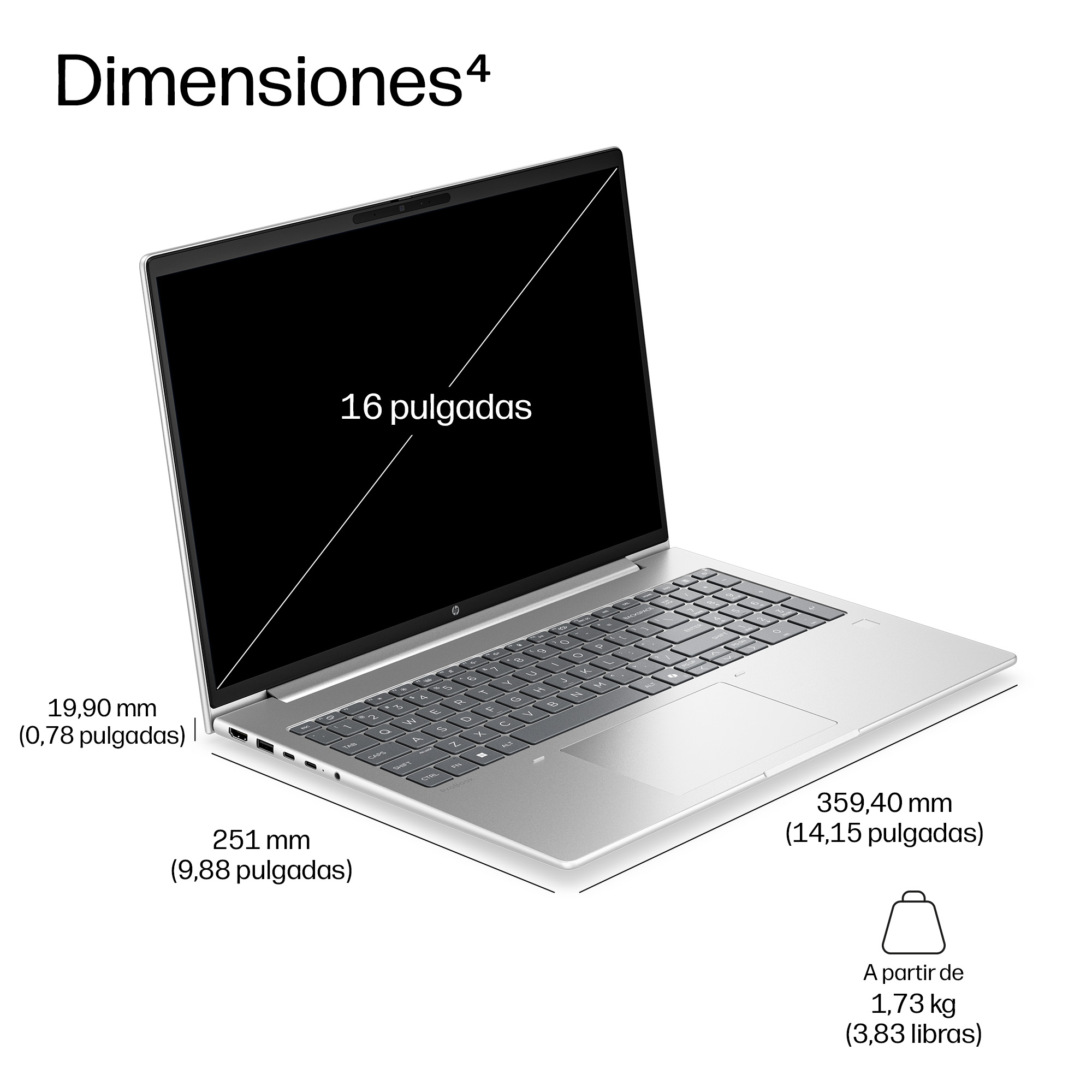Srebrny laptop ze wskaźnikami grubości, szerokości, głębokości, rozmiaru ekranu i wagi.
