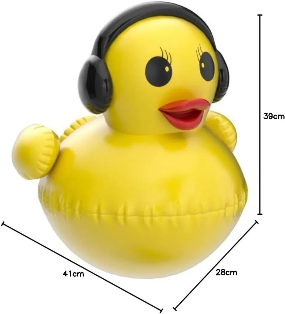 Eine große gelbe Gummiente mit schwarzen Kopfhörern und Maßangaben von 39cm, 41cm und 28cm.