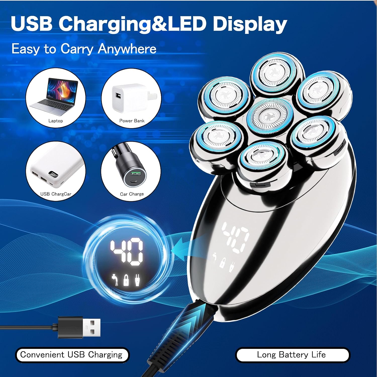 Ein silberner Elektrorasierer mit sieben Scherköpfen, LED-Display und USB-Ladefunktion vor blauem Hintergrund.