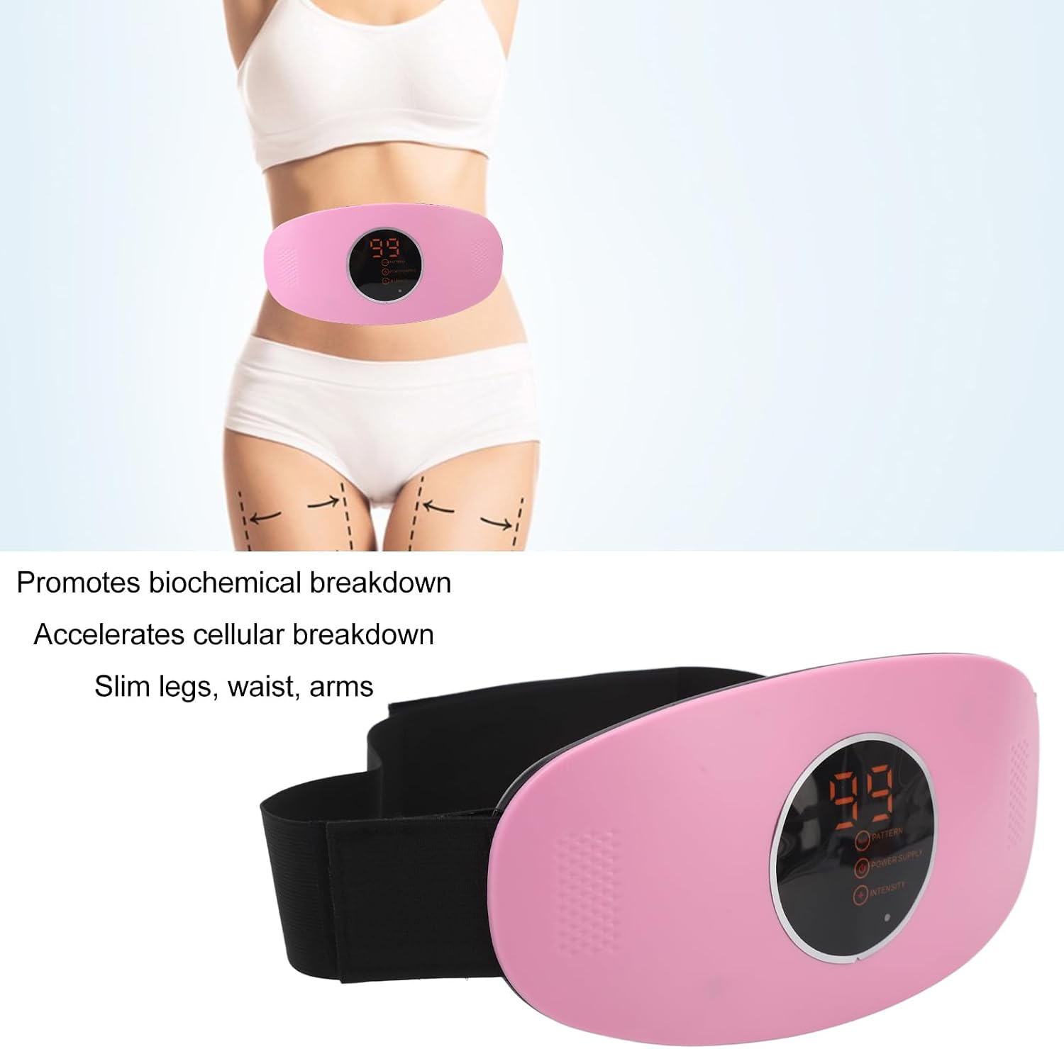 Rosa Schlankheitsgürtel mit digitalem Display an einer Person und separat.
