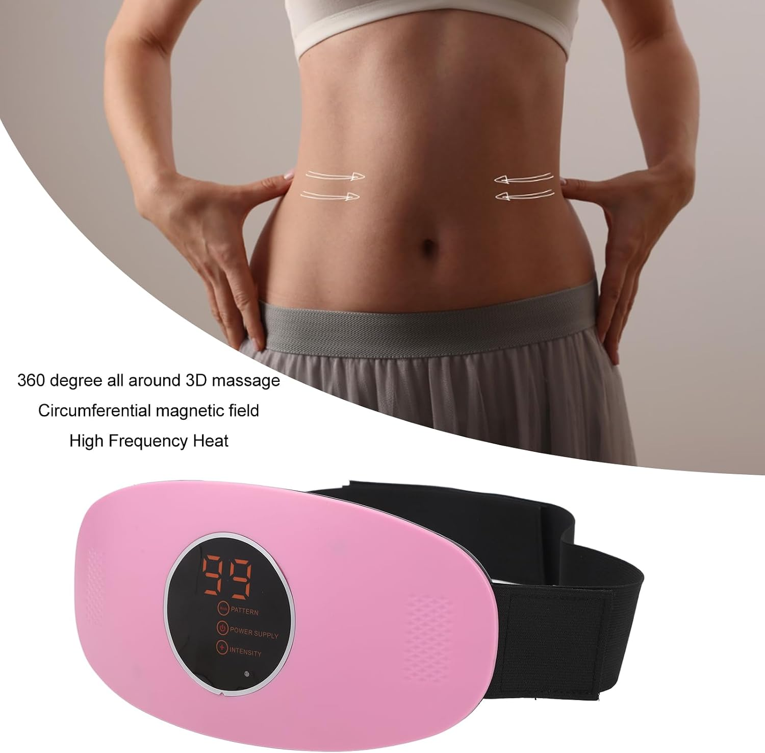Ein pinkfarbener Massagegürtel mit digitalem Display und ein Bild einer Frau, die ihn trägt.