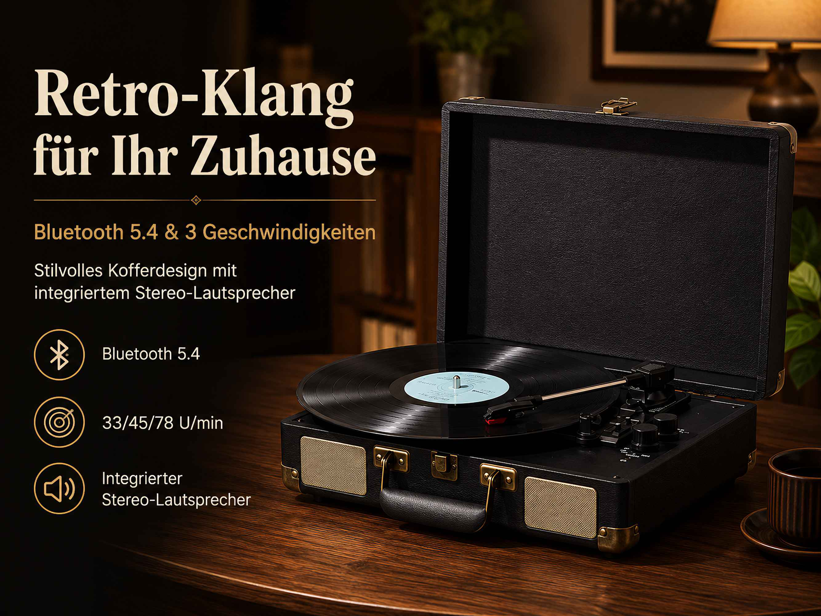 Ein schwarzer Plattenspieler im Retro-Kofferdesign steht auf einem Holztisch, mit Text über Bluetooth und Funktionen.