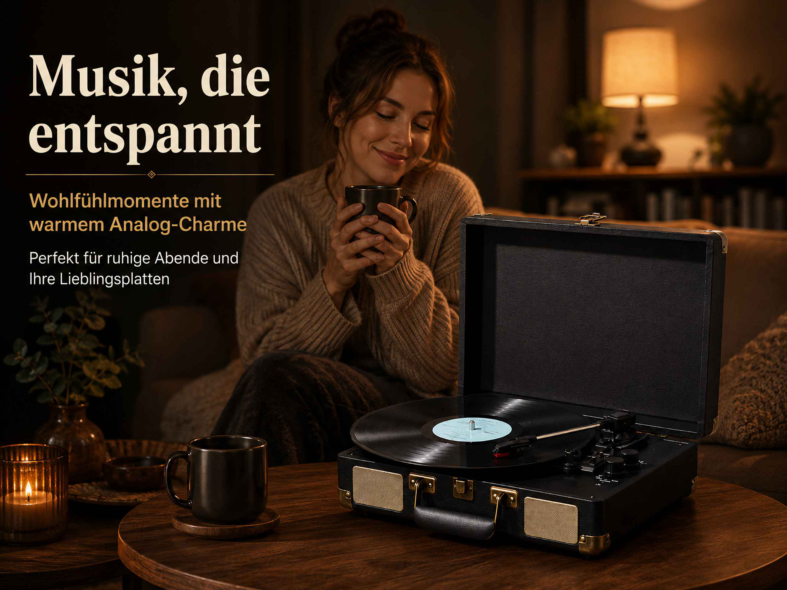 Eine Frau hält eine Tasse, im Vordergrund steht ein schwarzer Plattenspieler auf einem Holztisch.