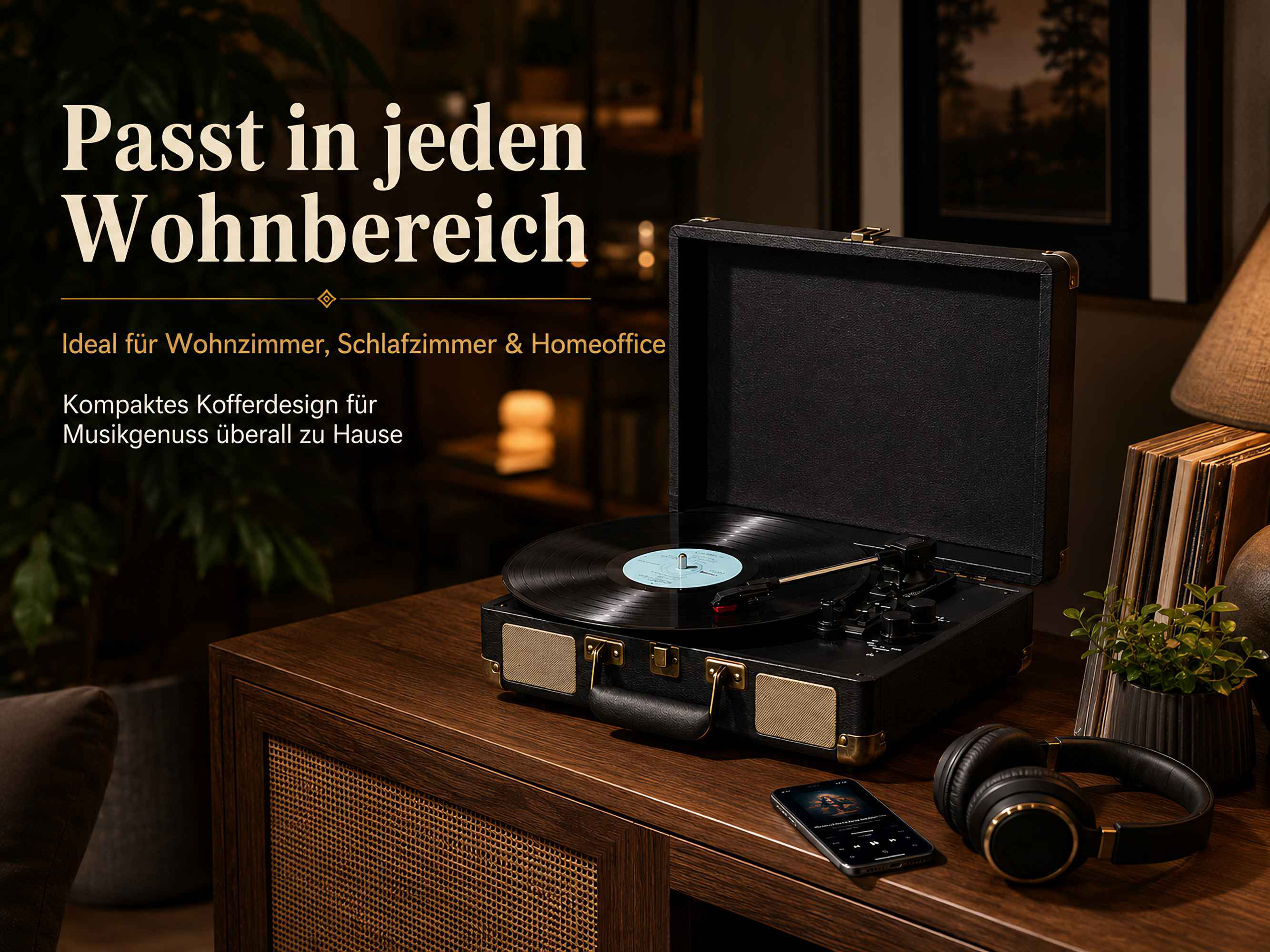 Ein schwarzer Koffer-Plattenspieler steht auf einem Holzschrank neben Kopfhörern und einem Smartphone in einem Zimmer.