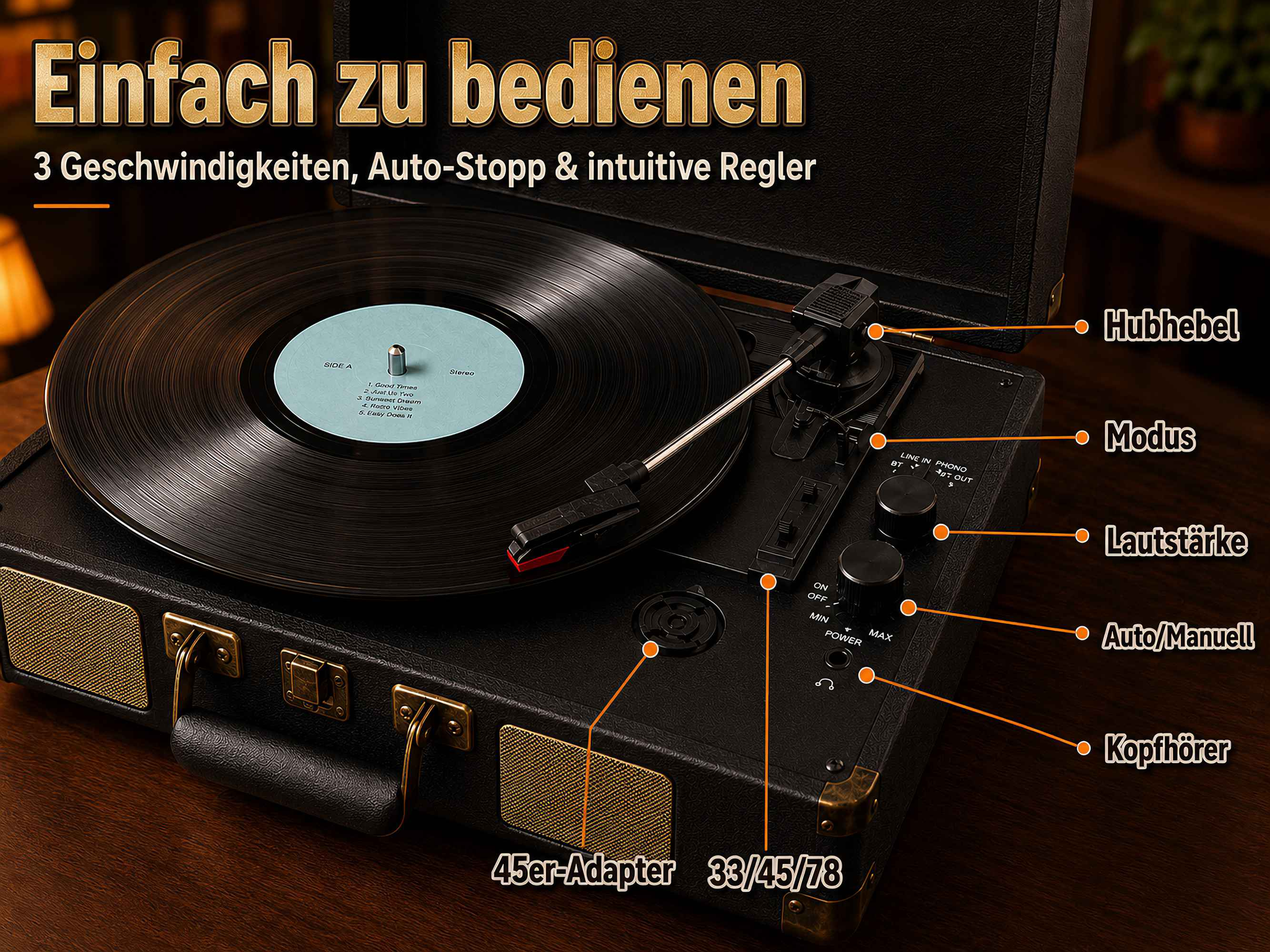 Ein Koffer-Plattenspieler mit Vinylplatte und markierten Bedienelementen auf schwarzem Holzhintergrund.