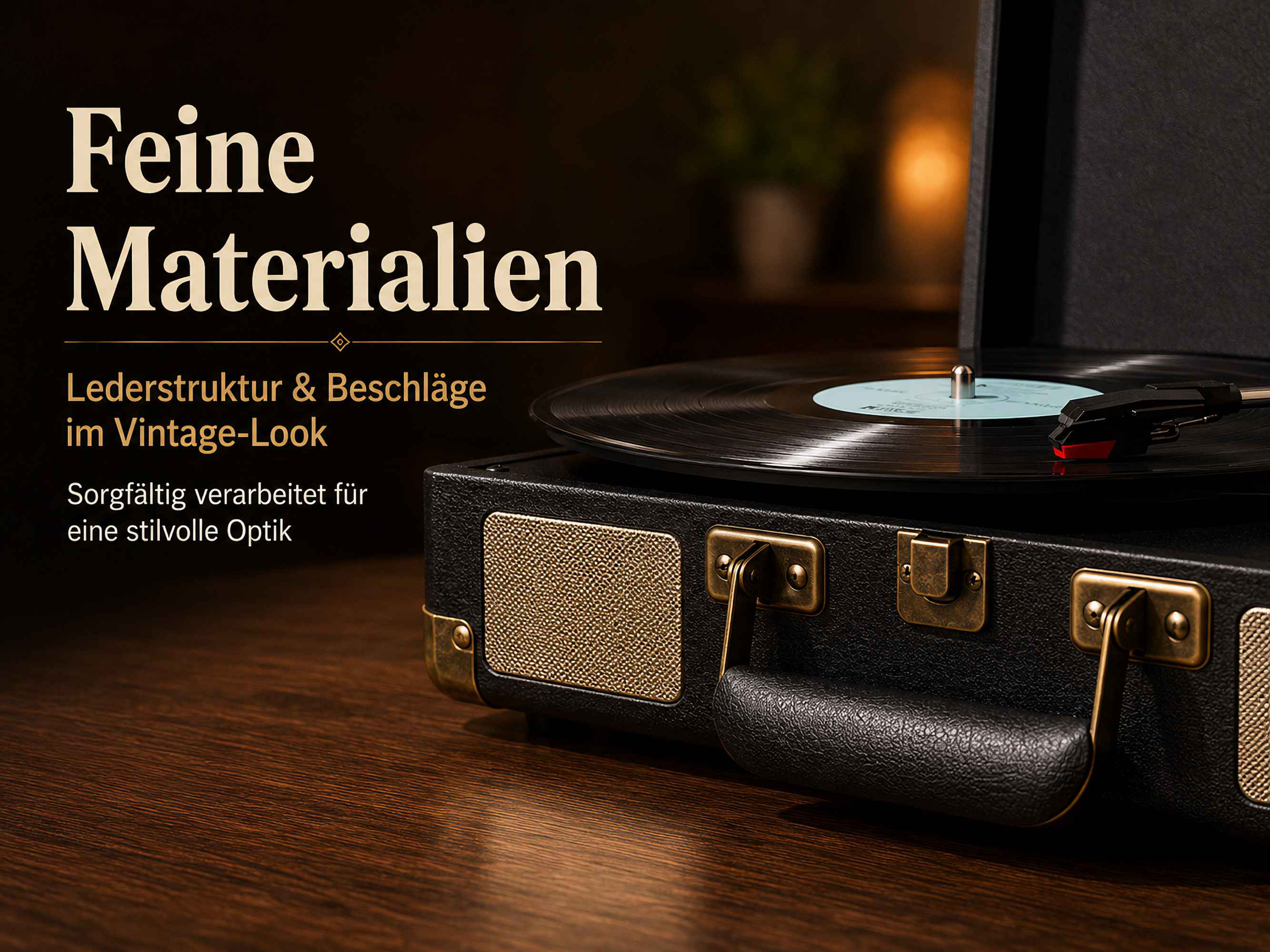Ein schwarzer Vintage-Plattenspieler mit Lederstruktur und Messingbeschlägen auf Holz.