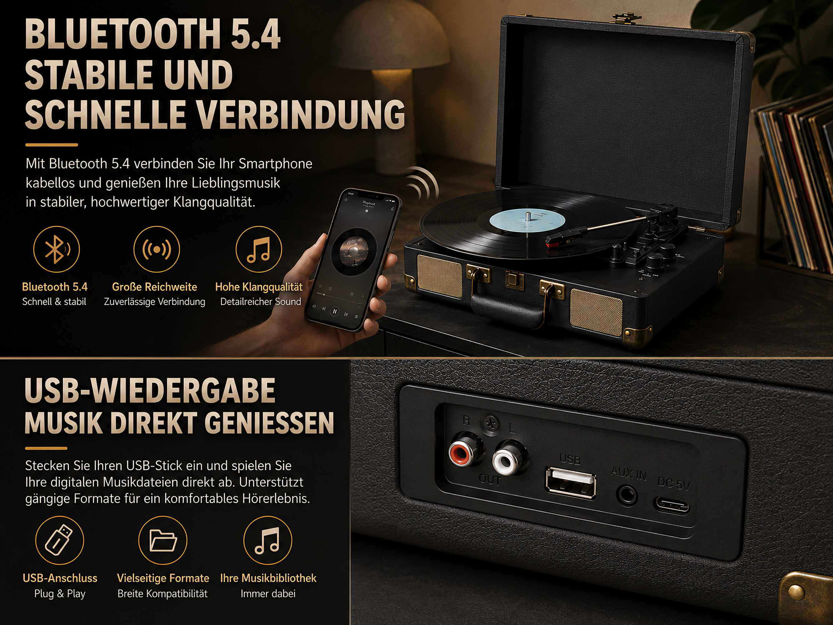 Ein schwarzer Plattenspieler mit Bluetooth und USB-Anschluss, gesteuert über ein Smartphone.