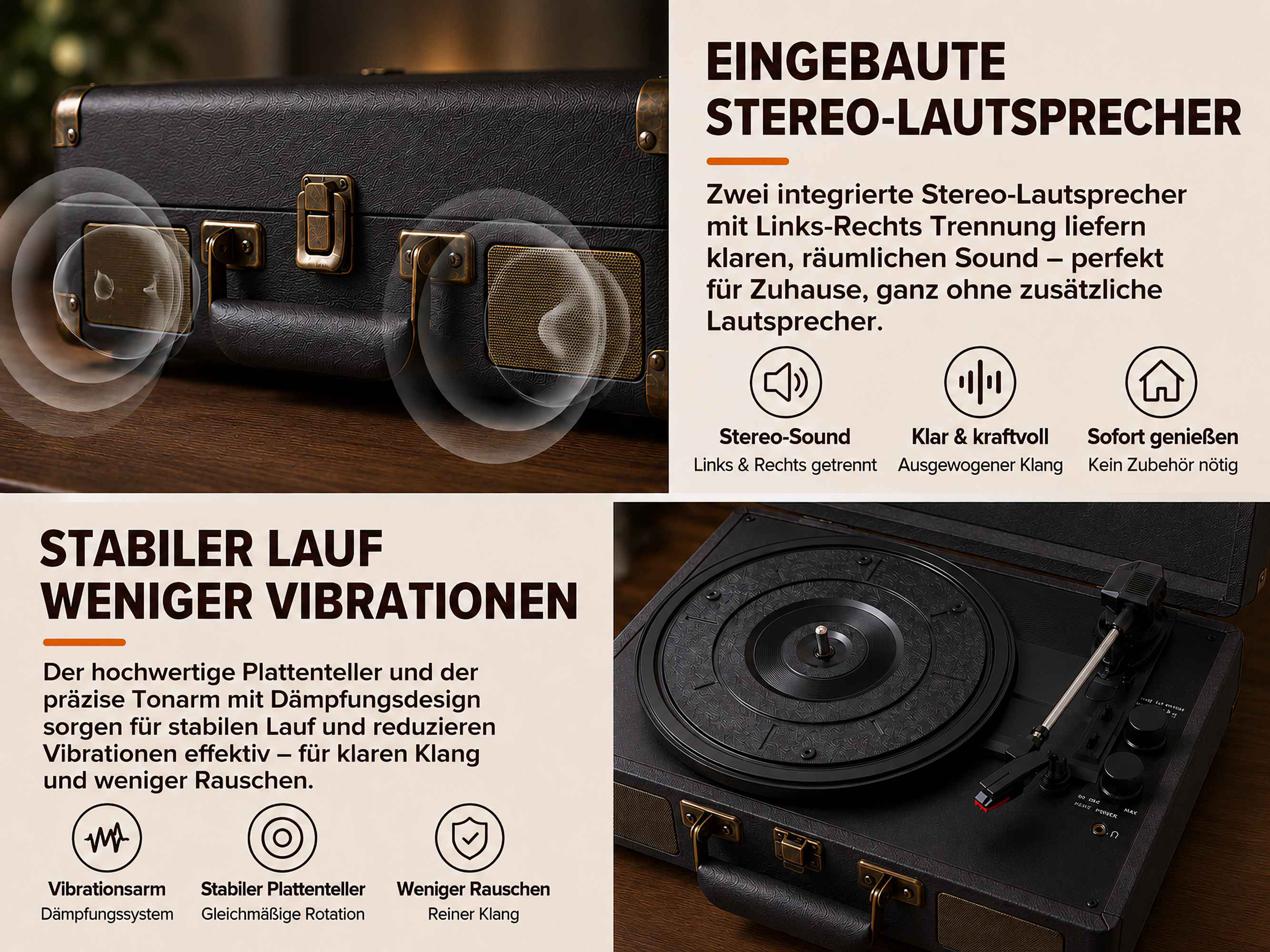 Ein tragbarer Plattenspieler mit integrierten Lautsprechern zeigt Details zu Stereo-Sound und Stabilität.
