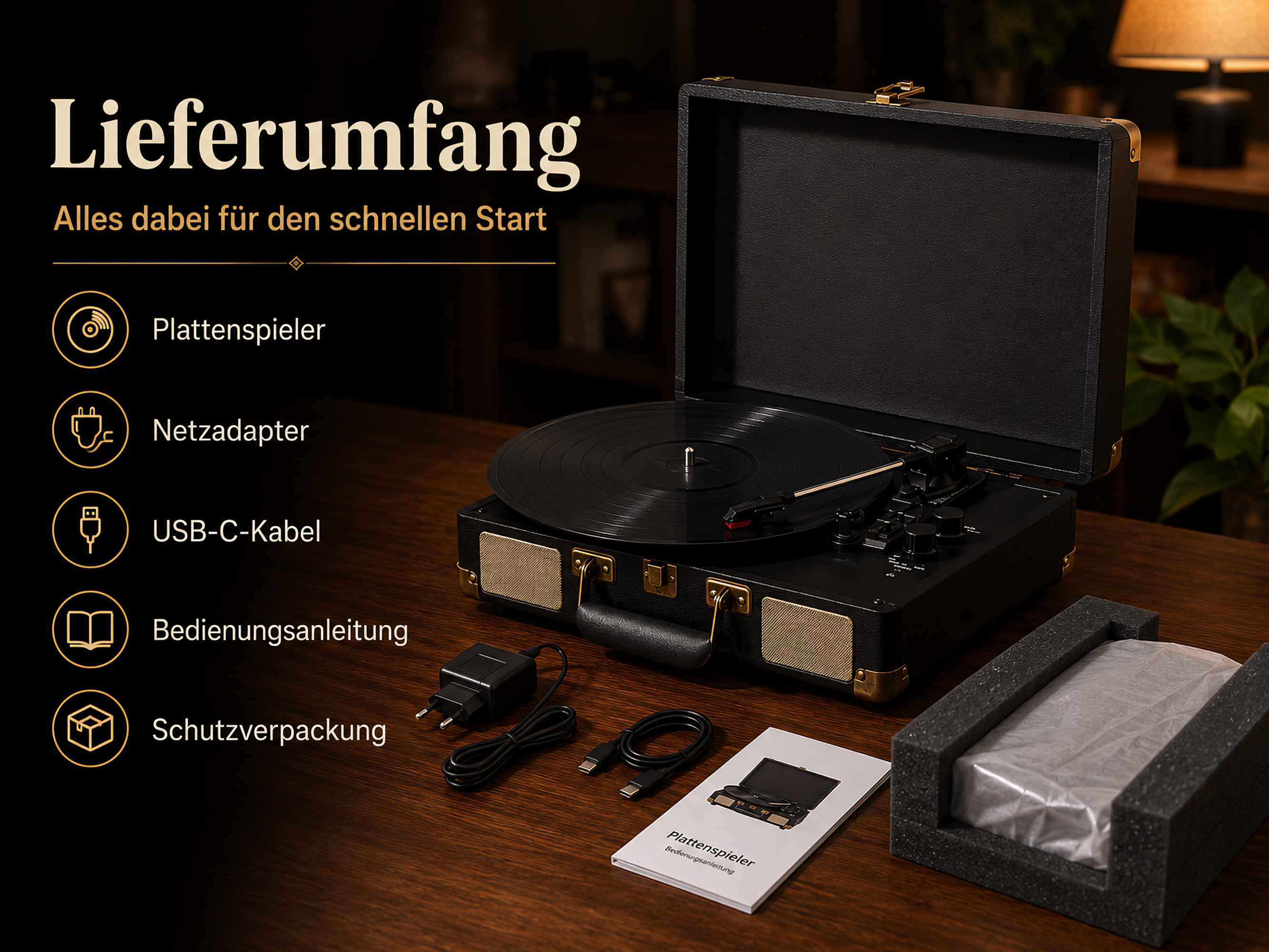 Schwarzer Koffer-Plattenspieler mit Zubehör wie Netzadapter, USB-C-Kabel, Anleitung und Verpackung auf Holz.