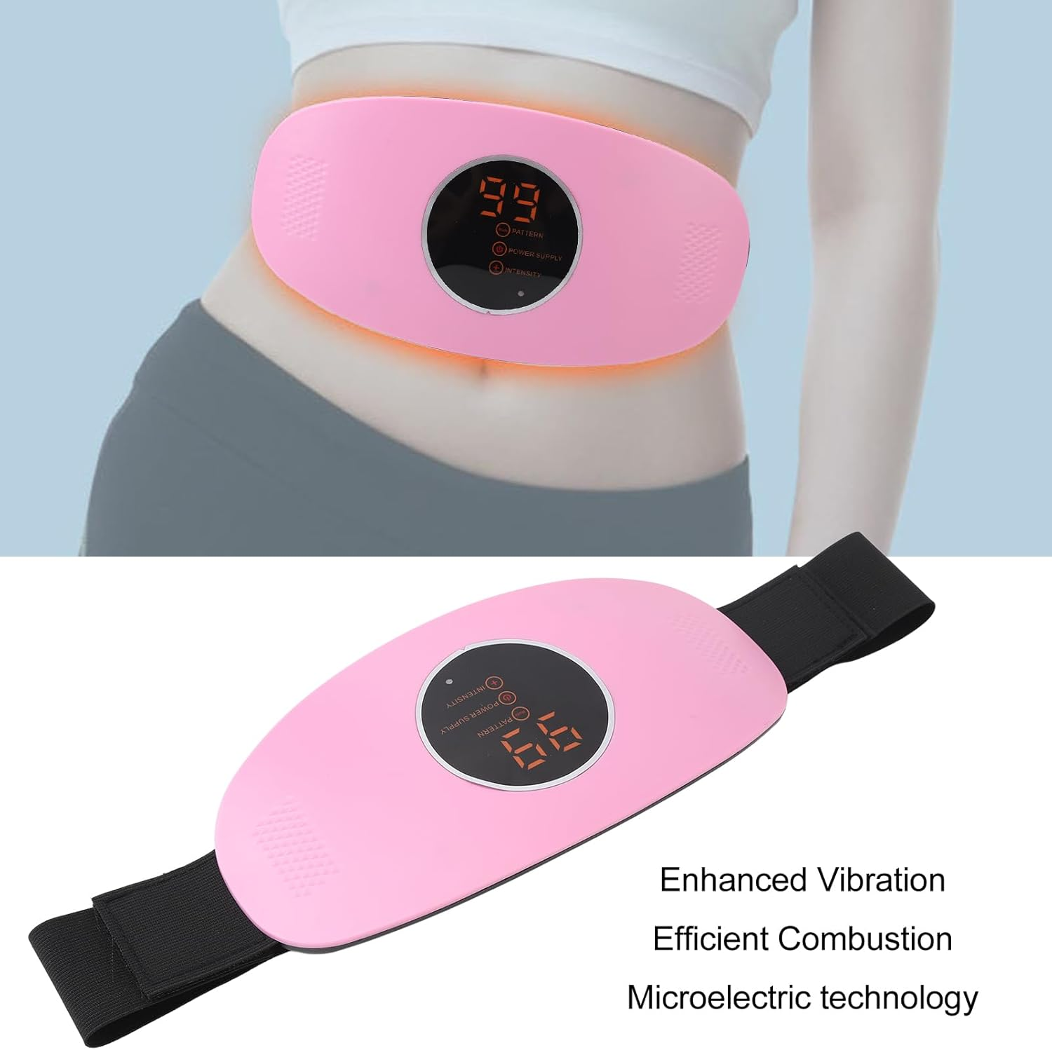 Ein rosa elektronischer Taillengürtel mit Digitalanzeige, getragen und flach mit schwarzen Gurten.