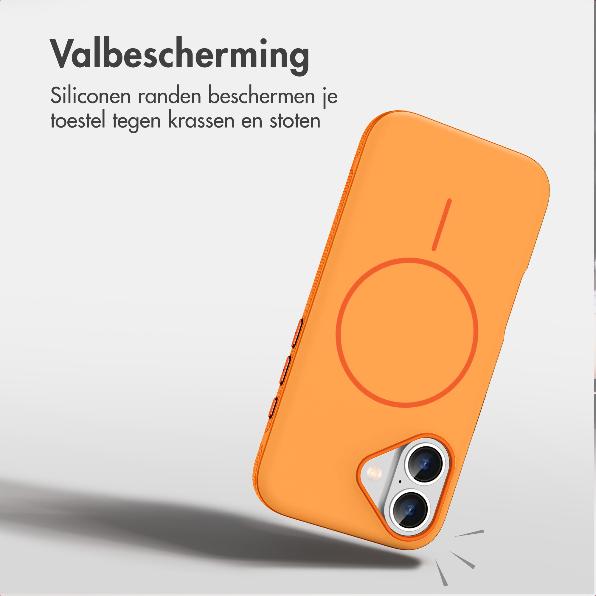 Eine orangefarbene Silikon-Handyhülle auf weißem Hintergrund mit niederländischem Text zum Schutz.
