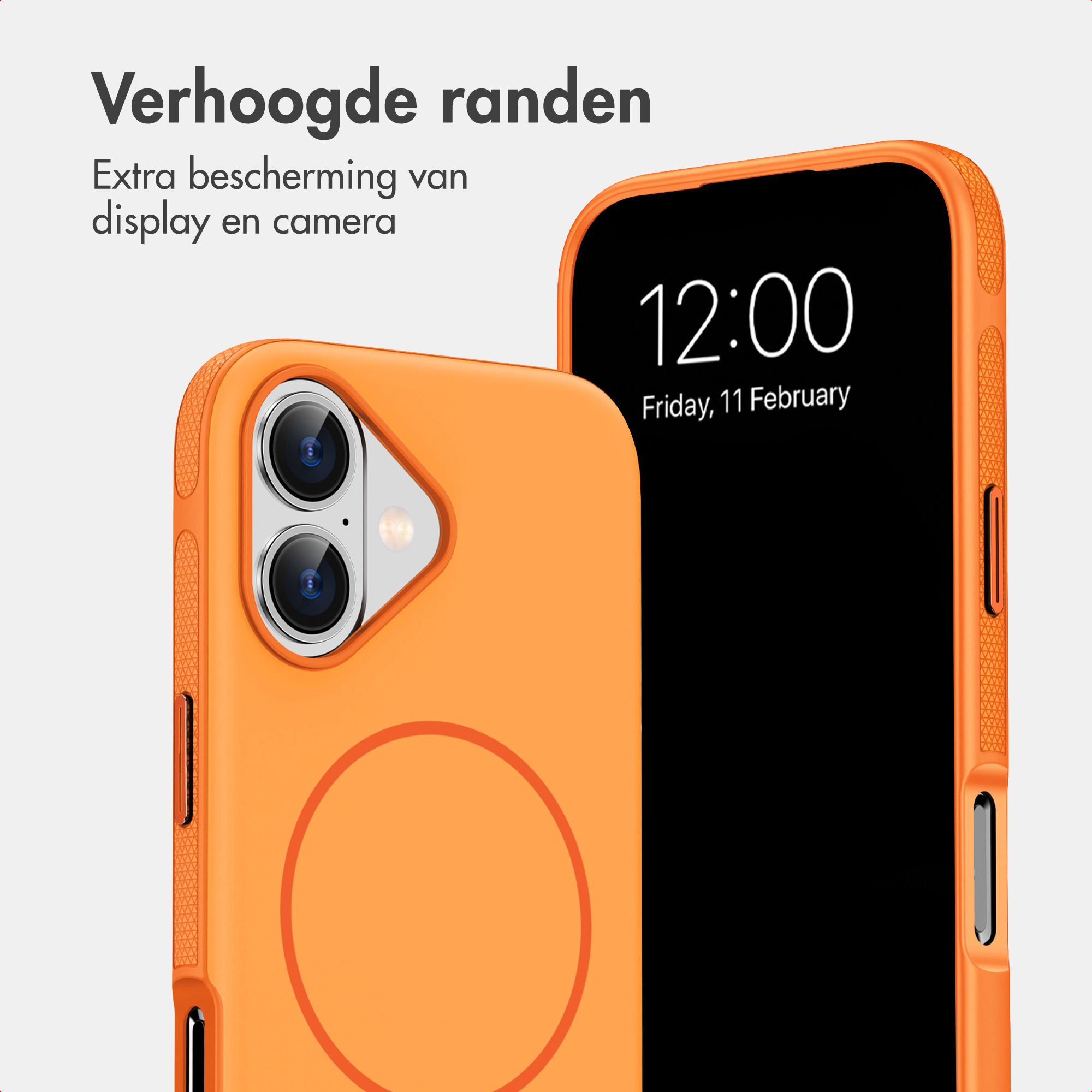 Zwei orange Handyhüllen mit erhöhten Rändern, die Display und Kamera schützen.