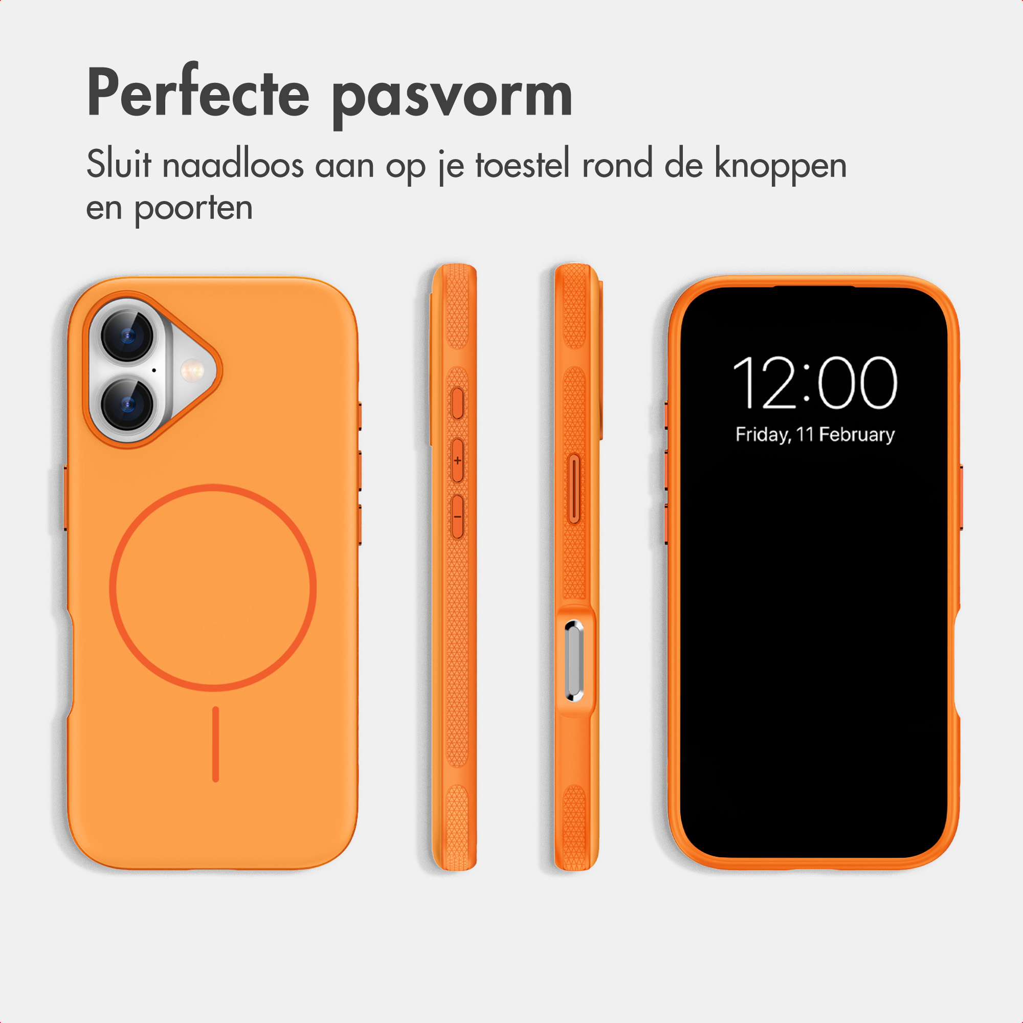 Eine orangefarbene Handyhülle aus verschiedenen Blickwinkeln mit Tasten-Ausschnitten und MagSafe-Kreis.