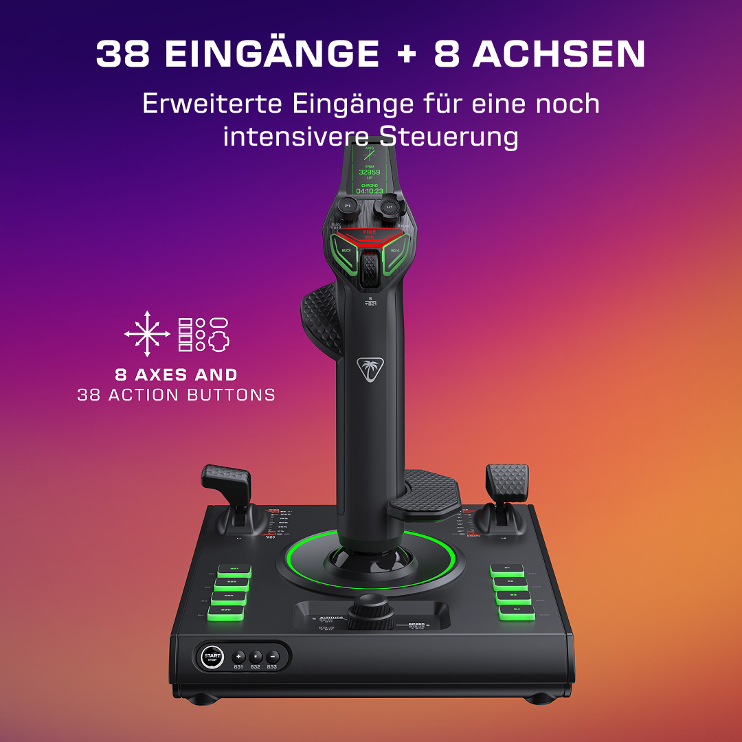 Ein schwarzer Flugsimulator-Joystick mit grünem Leuchten, vielen Knöpfen und einer Basis auf einem bunten Hintergrund.