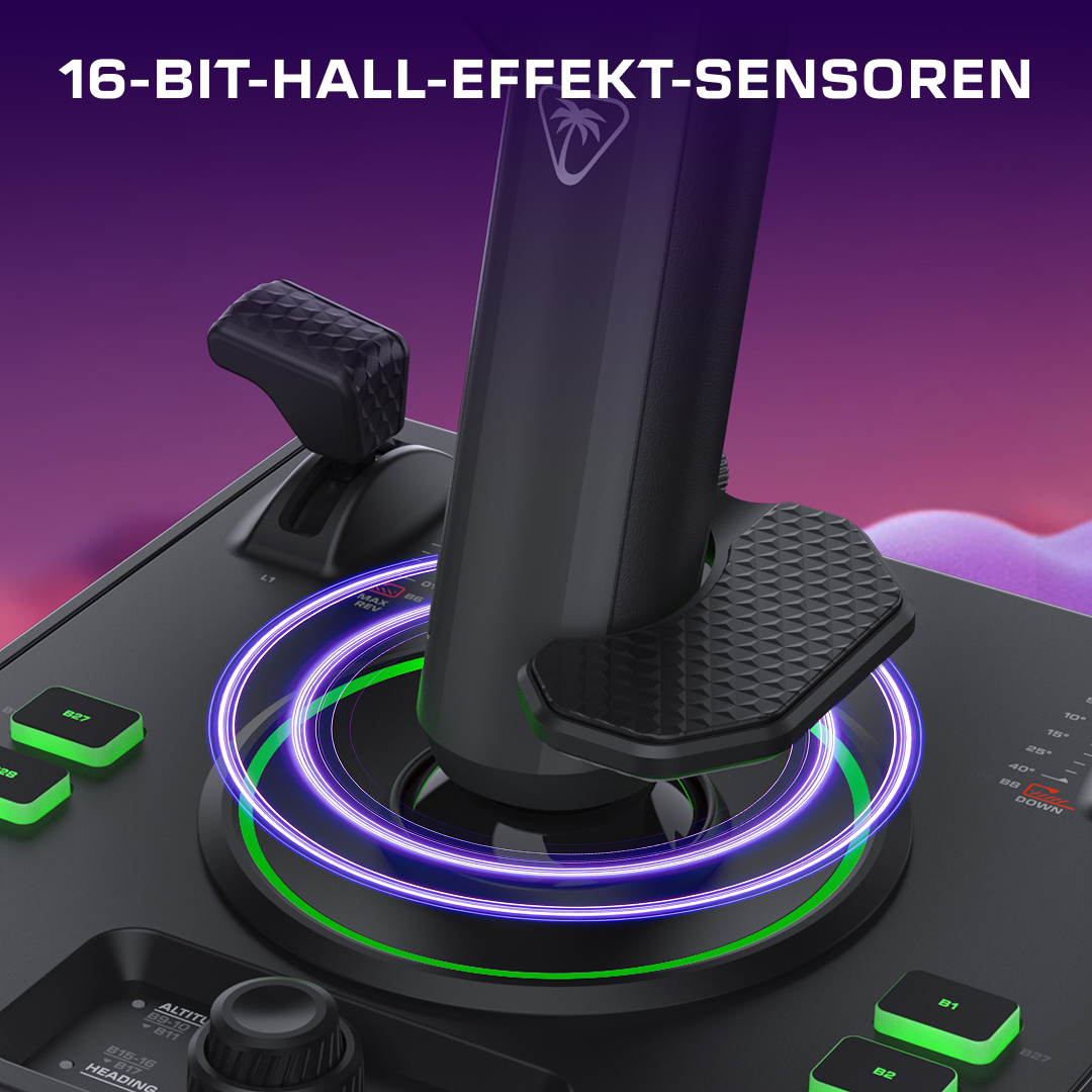 Nahaufnahme eines schwarzen Joysticks mit grün leuchtenden Knöpfen und violetten Lichtringen.