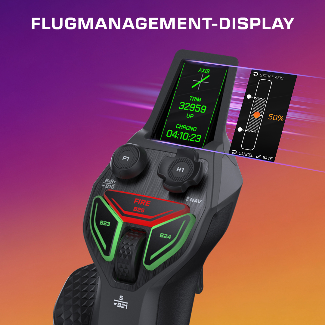 Flugmanagement-Display auf einem schwarzen Steuergerät mit roten und grünen Tasten vor Farbverlaufshintergrund.