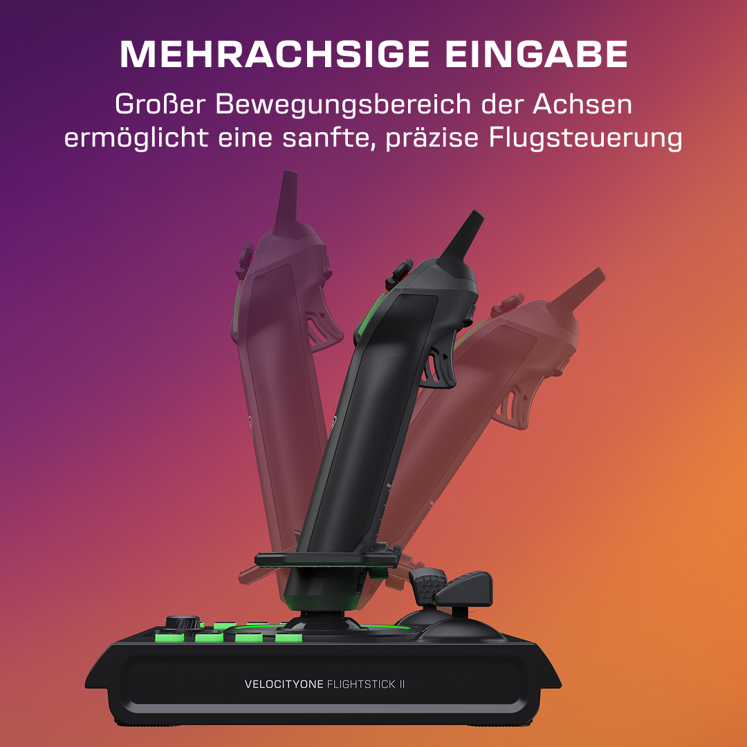 Schwarzer Flightstick mit grünen Akzenten vor einem lila und orangen Hintergrund, mit Text oben.