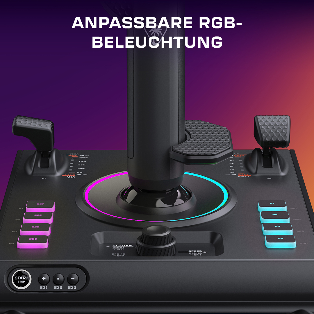 Ein schwarzer Flugsimulator-Joystick mit anpassbarer RGB-Beleuchtung und verschiedenen Knöpfen.