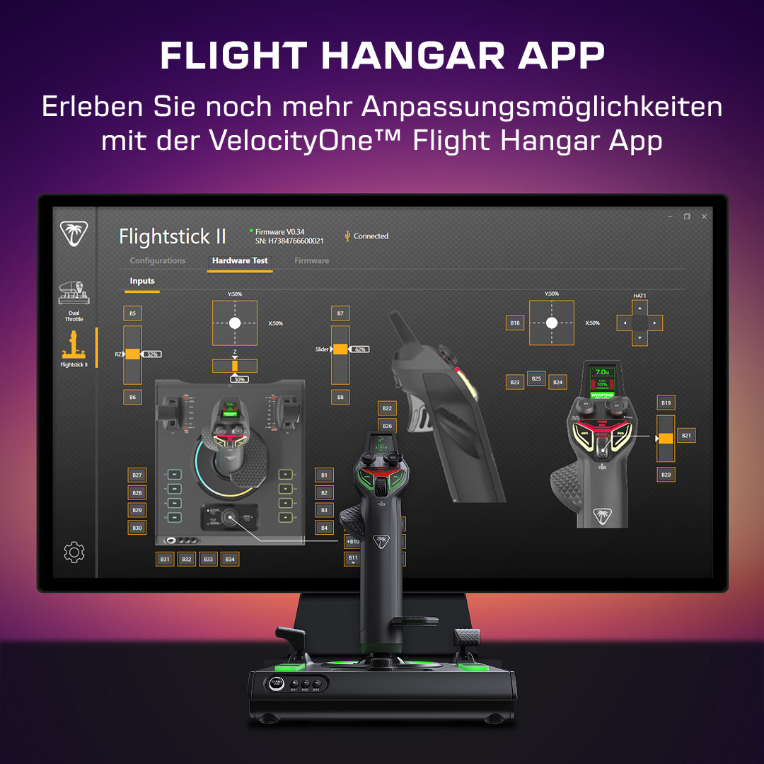 Display der Flight Hangar App zeigt Hardware-Test des VelocityOne Flightstick II mit Steuerungsdetails.