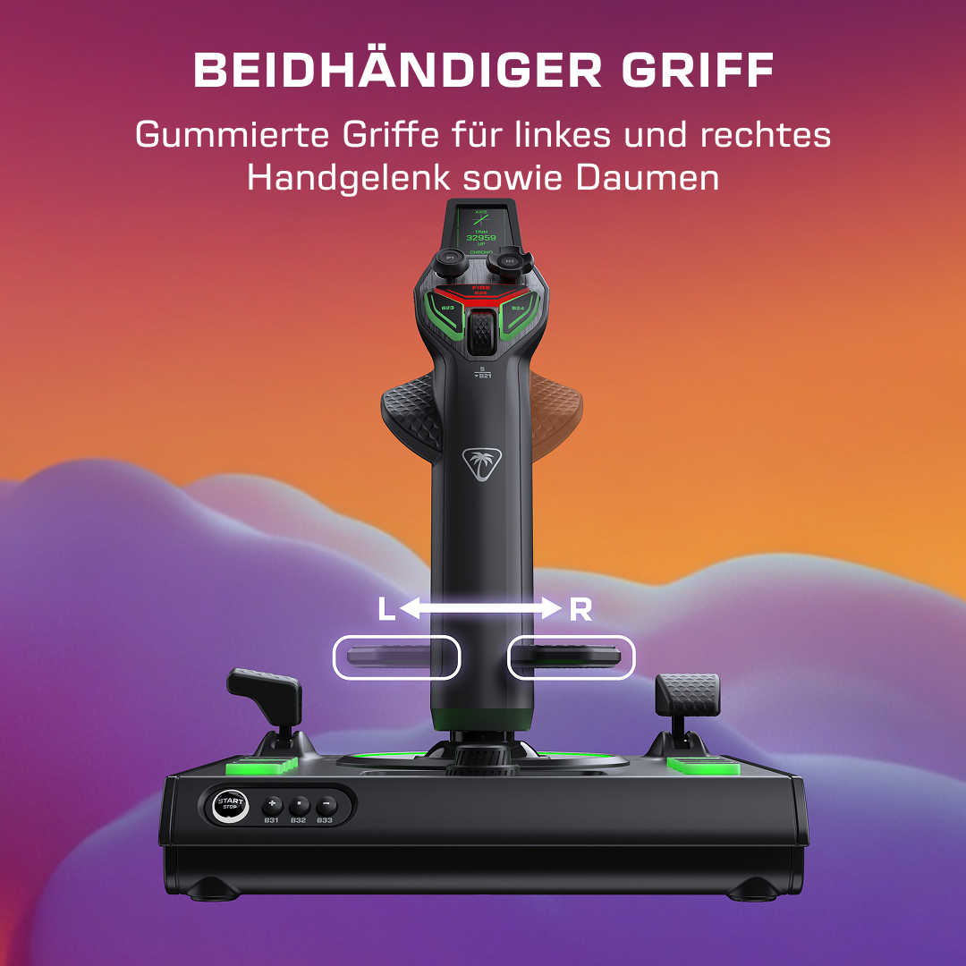 Ein schwarzer Joystick mit Gummigriffen für linke und rechte Hand, präsentiert vor einem violett-orangen Hintergrund.