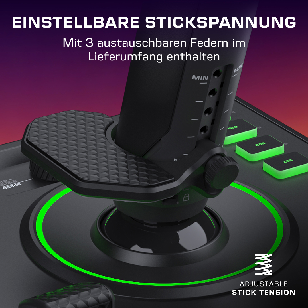 Nahaufnahme eines Gaming-Joysticks mit einstellbarer Stickspannung, grüner Beleuchtung und deutschem Text.