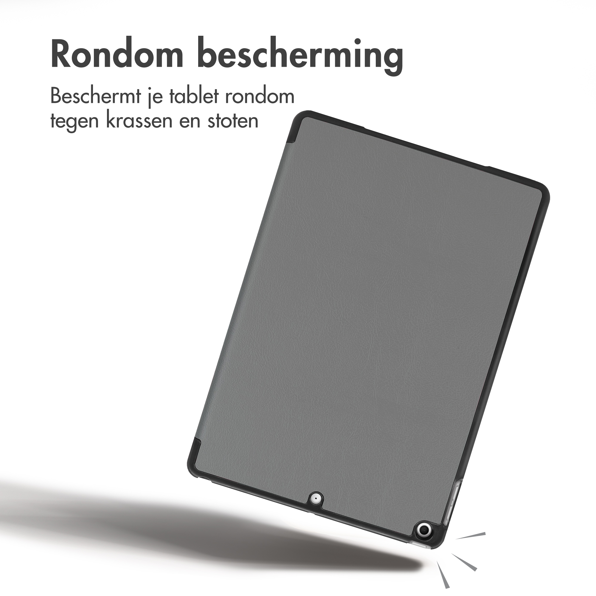 Un tablet grigio in custodia protettiva, inclinato con testo in olandese sullo sfondo.