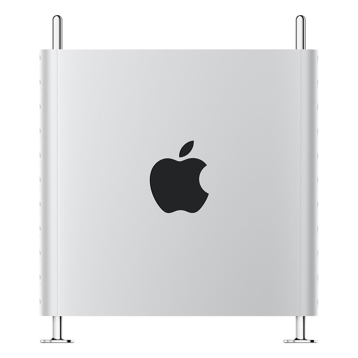 Frontansicht eines silbernen Apple Mac Pro Towers mit schwarzem Logo auf weißem Hintergrund.