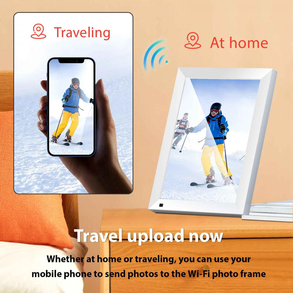 Handy überträgt Skifahrerfoto per WLAN an einen digitalen Fotorahmen auf einem Holztisch.