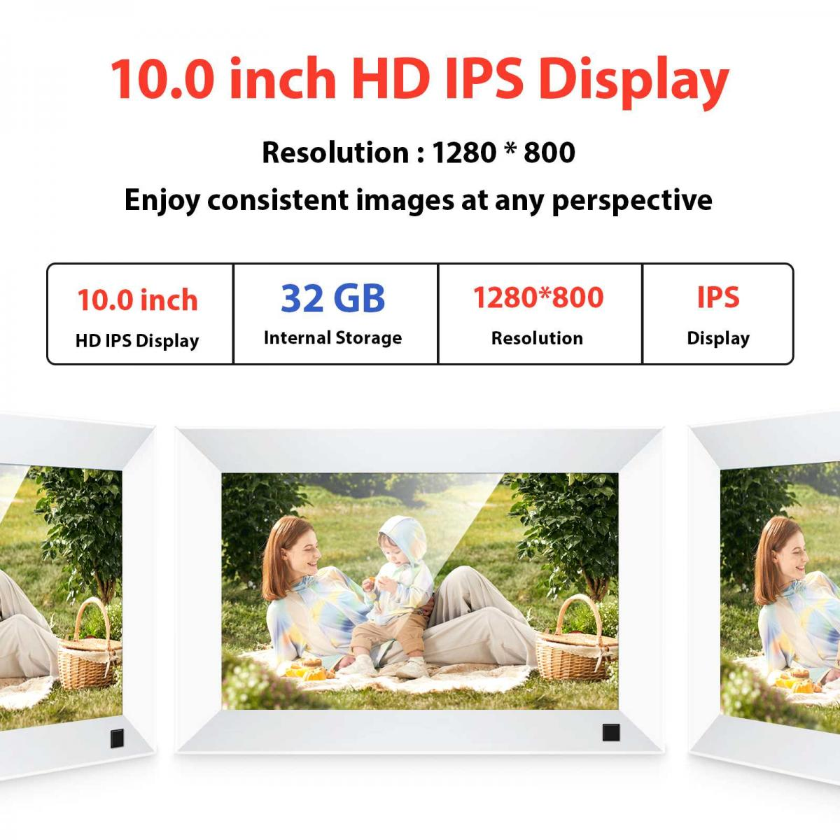 10-Zoll-HD-IPS-Display mit 1280x800 Auflösung, 32GB Speicher und drei weißen Fotorahmen.