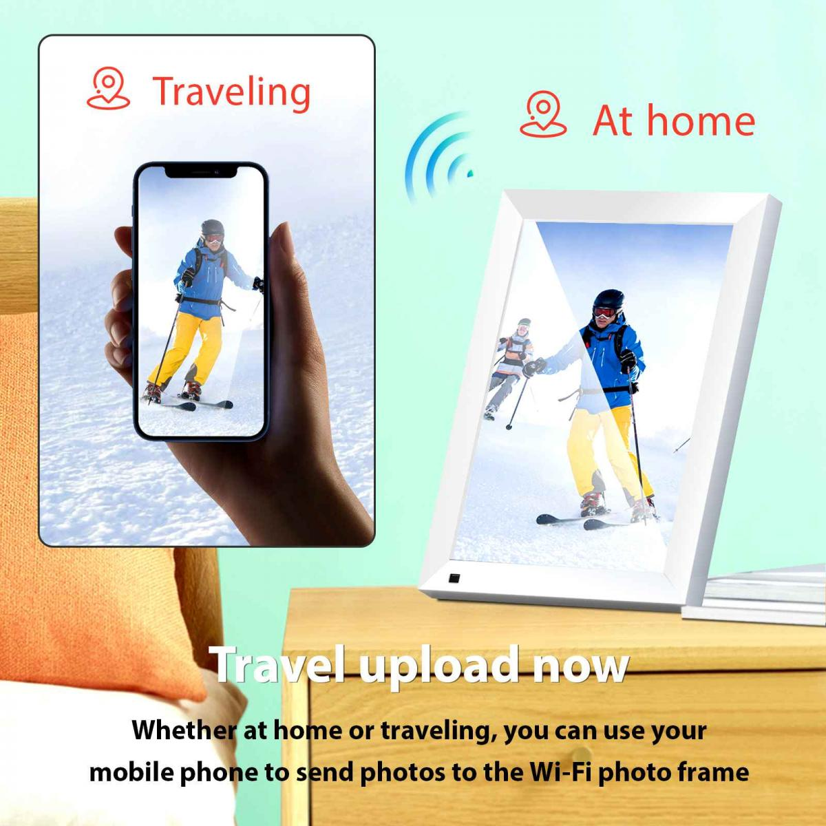Ein Smartphone sendet Skifahrer-Fotos über WLAN an einen Fotorahmen.