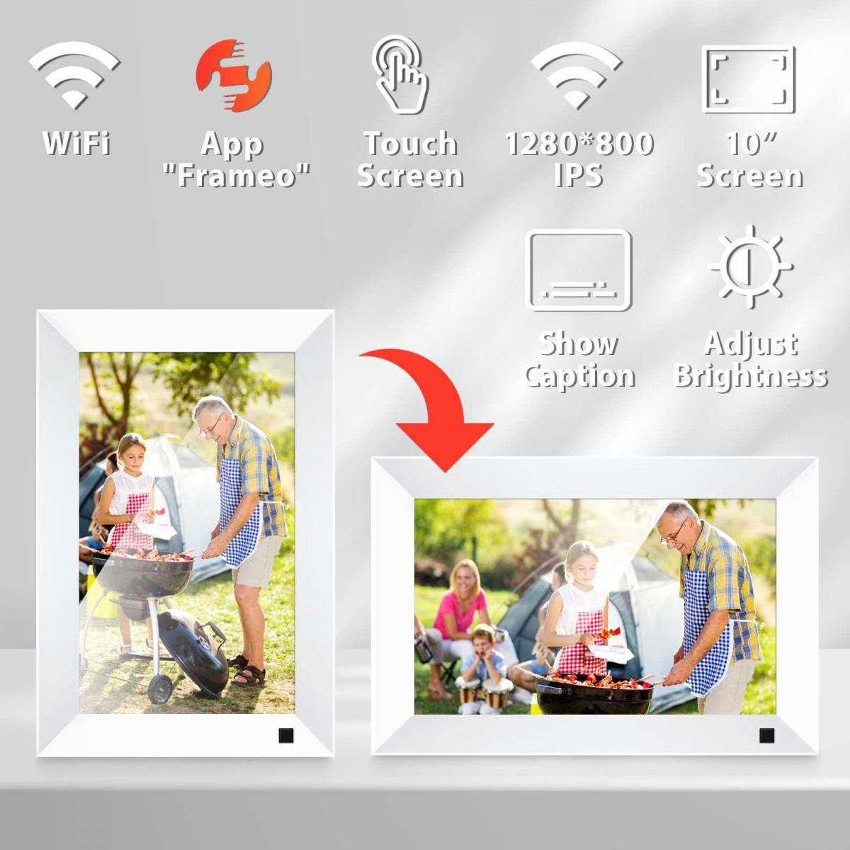 Digitale Fotorahmen-Features: WLAN, Frameo-App, Touchscreen, 10-Zoll-IPS, anpassbare Helligkeit und Untertitel.