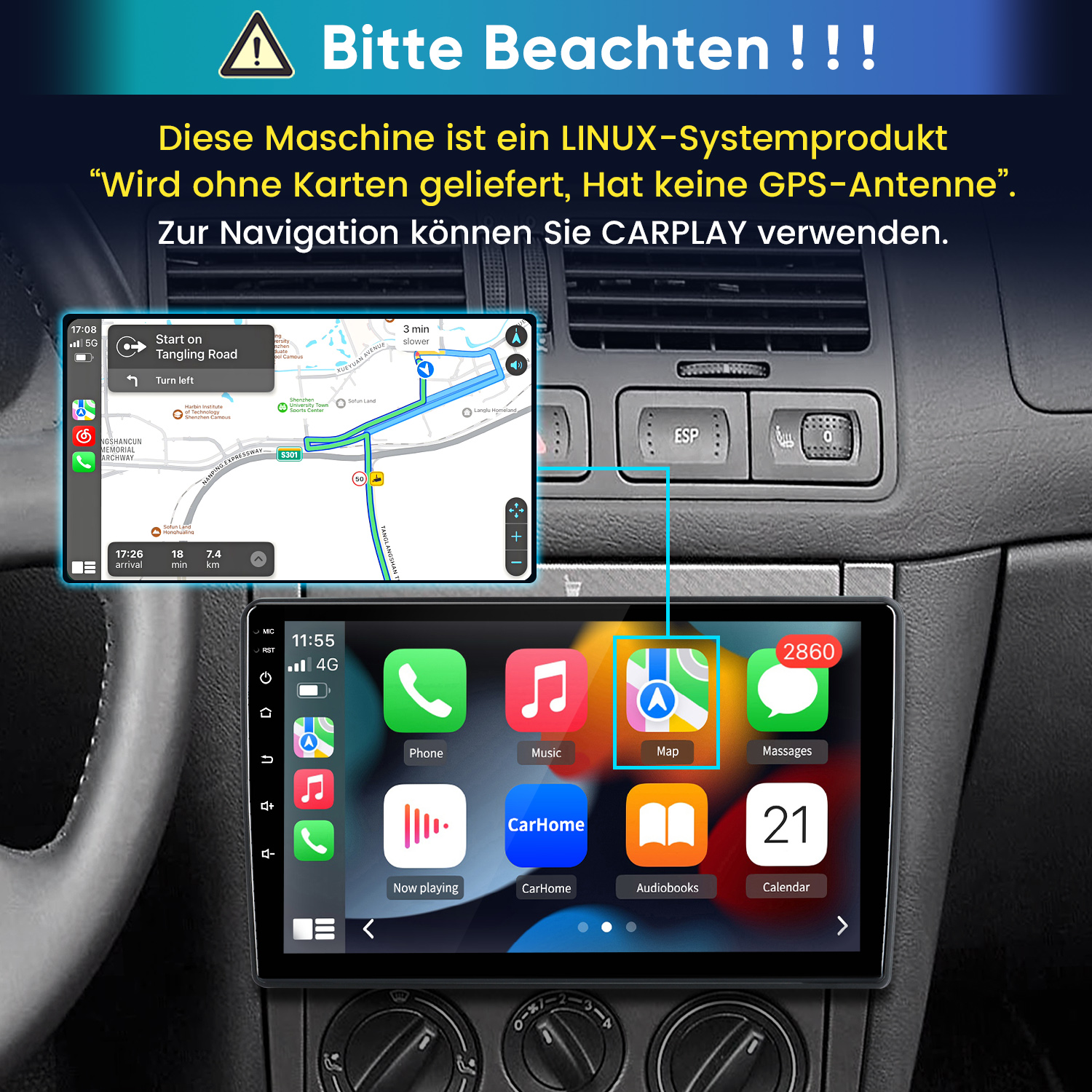 Autocockpit mit Touchscreen, zeigt Karte und App-Icons, mit deutschem Text oben zu Linux und CarPlay.