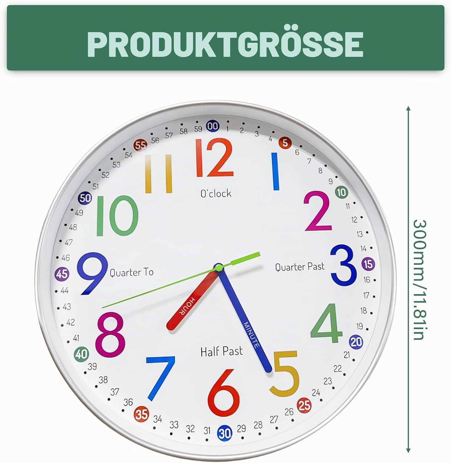 Bunte Lernuhr mit weißem Zifferblatt, farbigen Zahlen und beschrifteten Zeigern für Kinder, Durchmesser 300mm.