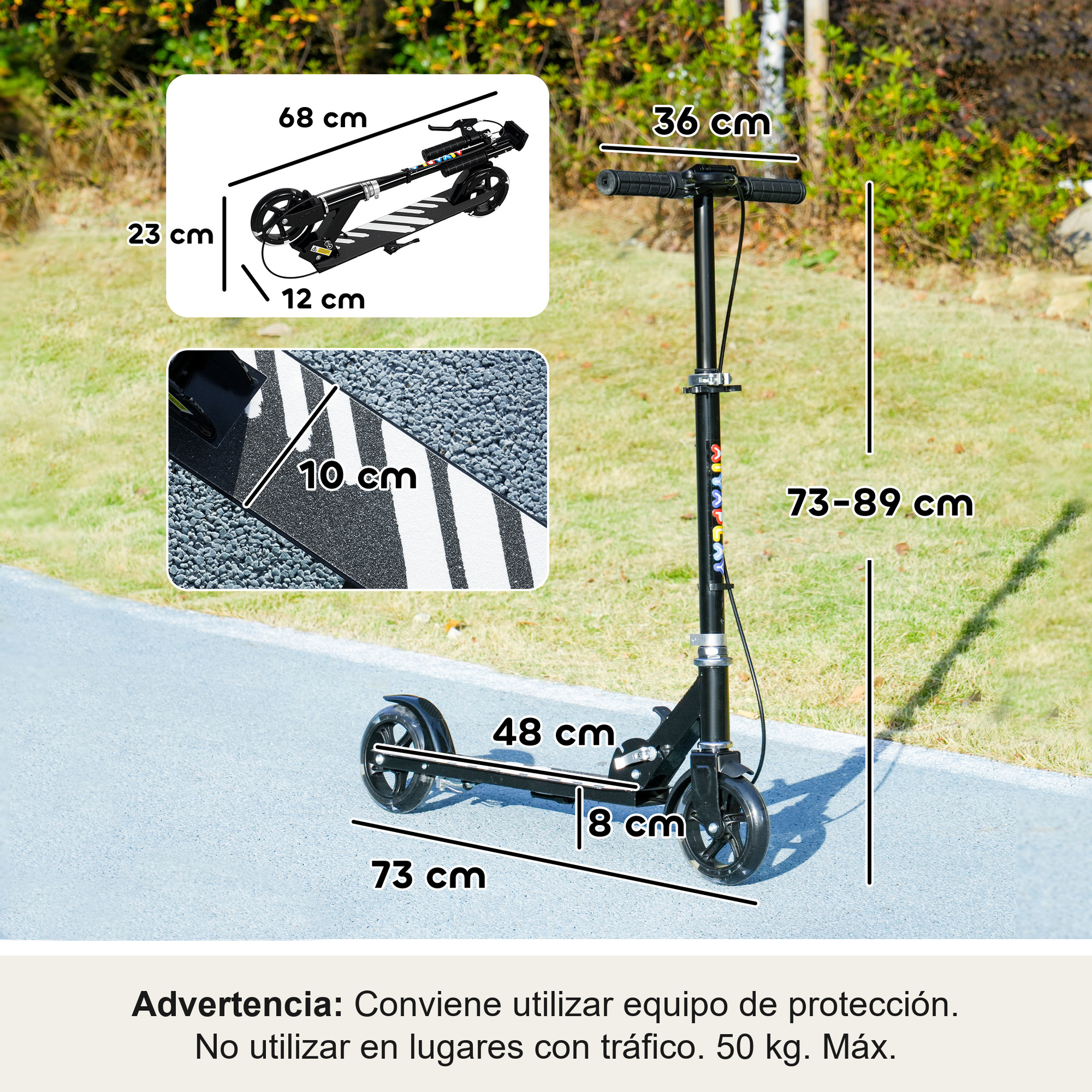 Un patinete negro en un camino con recuadros que muestran medidas y ancho de base.