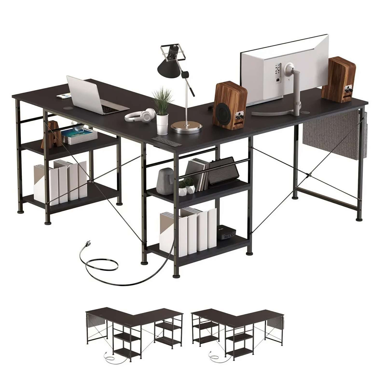 Ein großer L-förmiger Schreibtisch mit Regalen, einem Laptop, Monitor, Lautsprechern und einer Lampe.