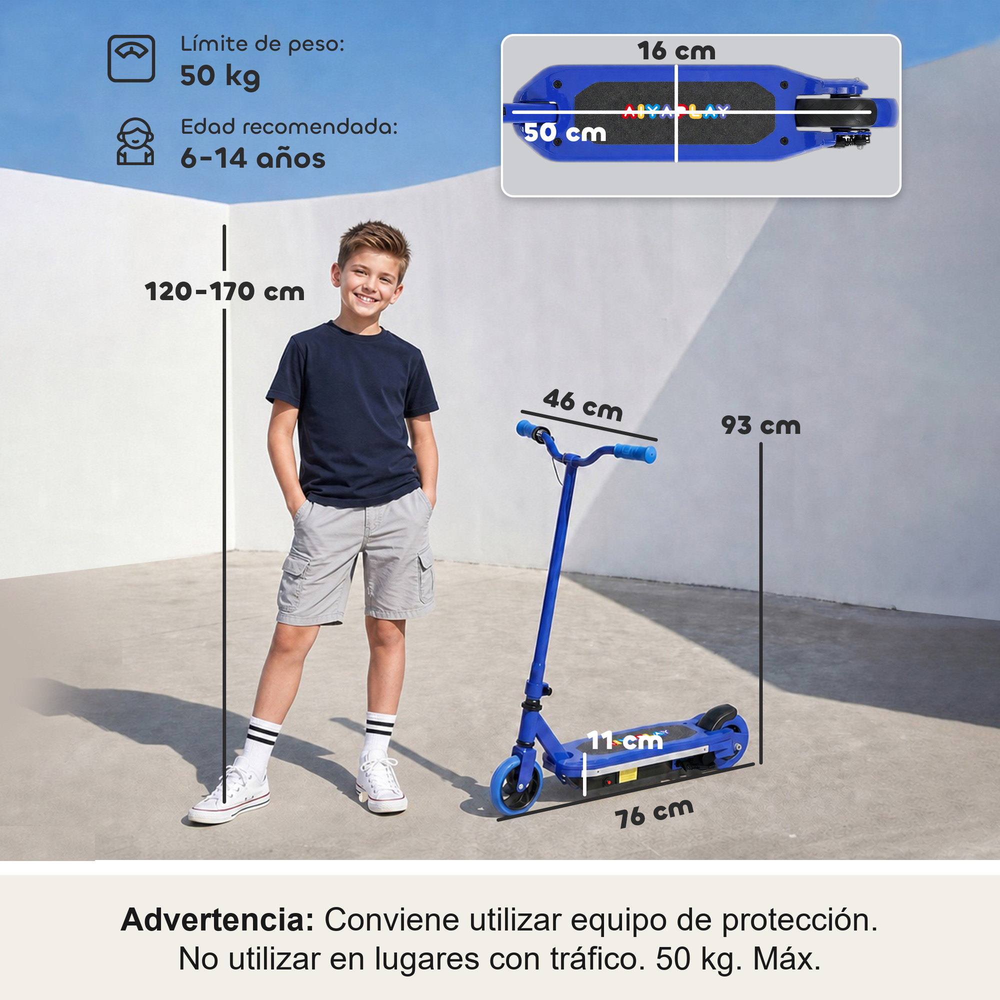 Un niño junto a un patinete azul, con medidas de dimensiones y texto de advertencia.